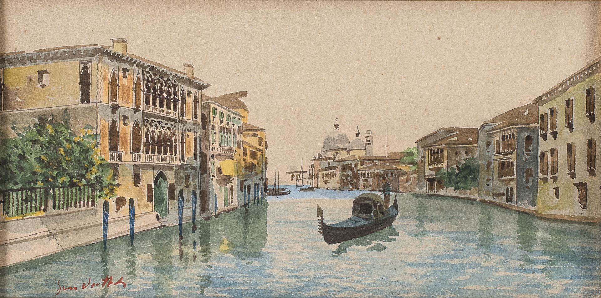 Null 20世纪画家



大运河上的卡瓦利-弗朗谢蒂宫景观

纸上水彩画，cm. 17 x 31

左下角有签名

镀金框架