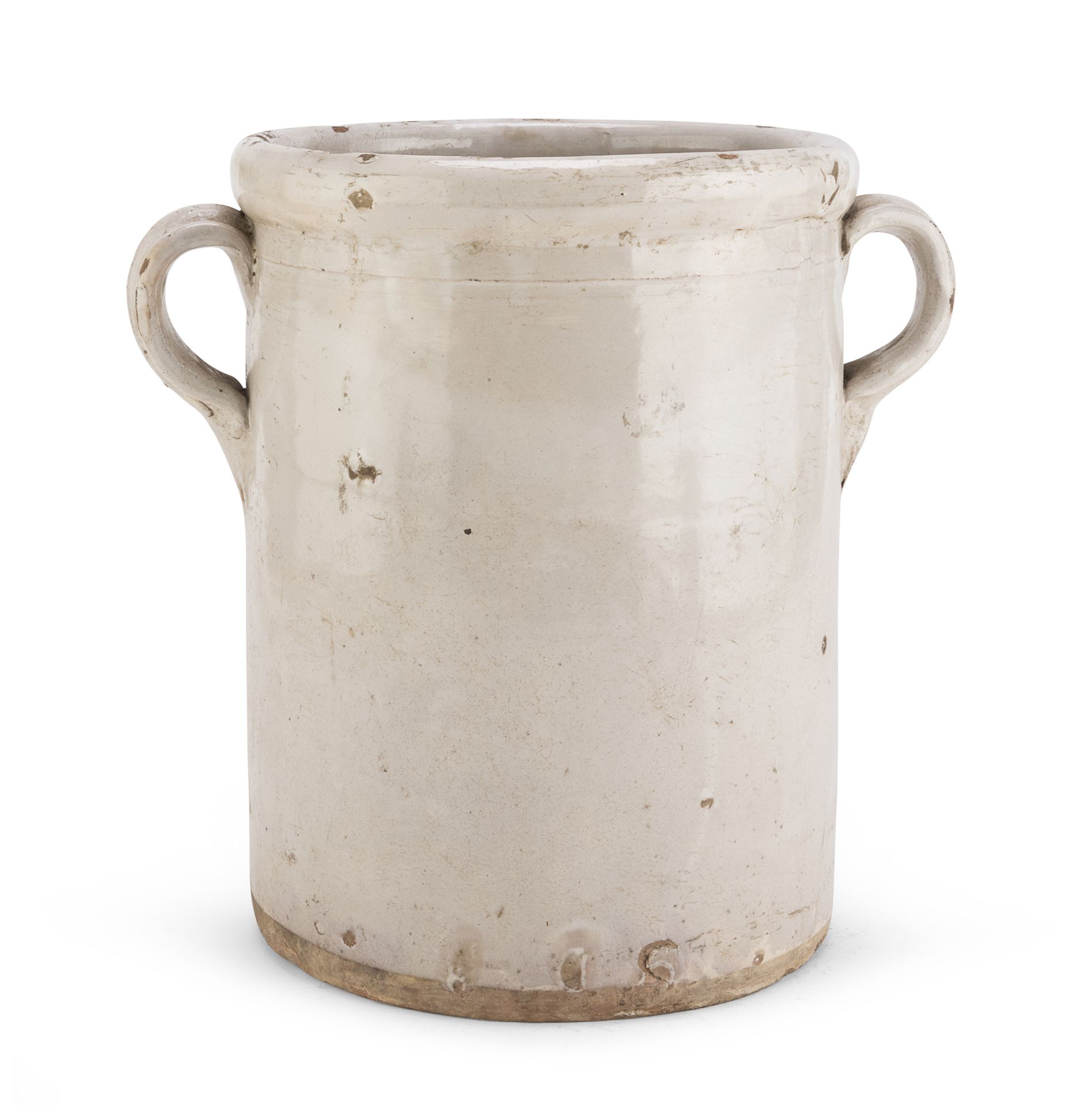 Null 大型陶制食品容器，普格利十九世纪

圆柱形，施奶油釉。丝带手柄。

尺寸为31.5 x 32厘米。