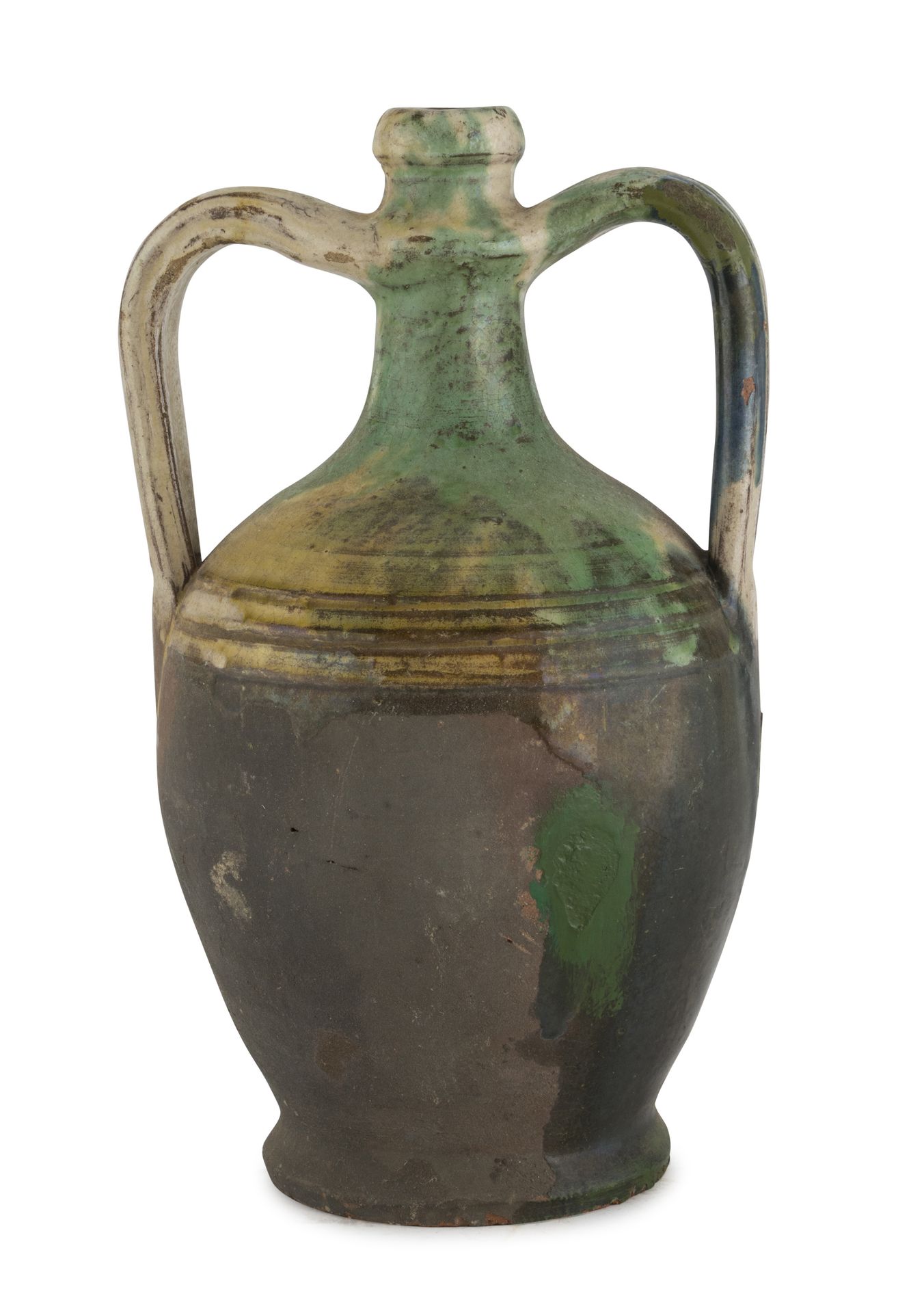 Null 陶罐，Seminara 19世纪末

部分绿色和黄色的釉面。丝带手柄。

尺寸 cm. 29 x 17 x 15.

颜色下降。