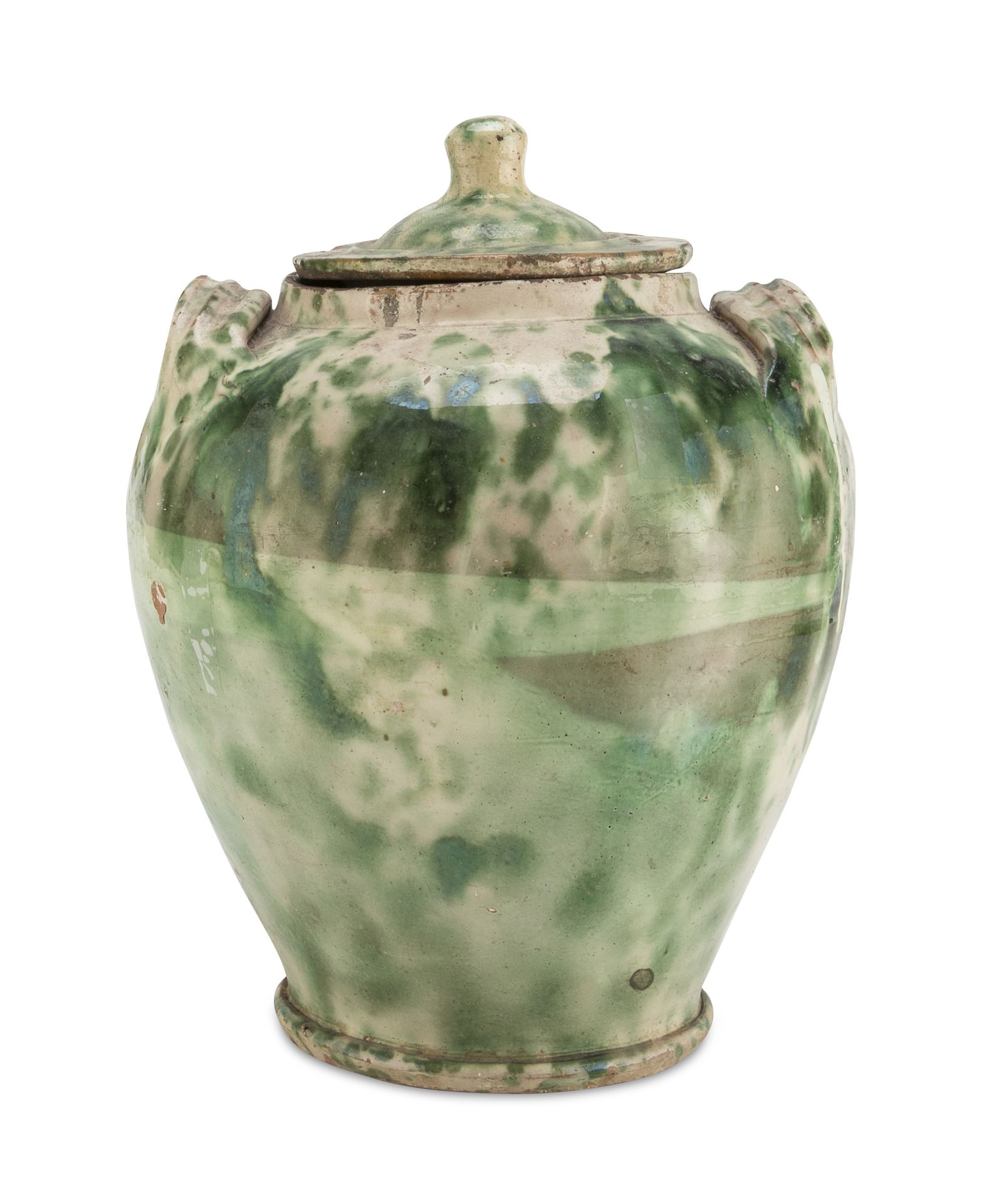 Null 陶器食品容器，Grottaglie 十九世纪

带盖子，有斑点的绿色珐琅。丝带手柄。

尺寸 cm. 37 x 27 x 27.

裂缝。