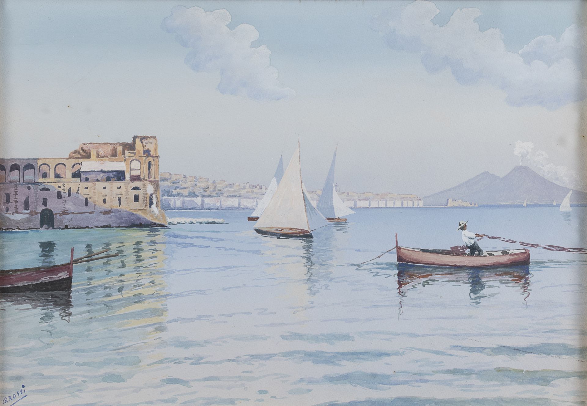 Null 那不勒斯画家，20世纪



那不勒斯的渔民

纸上水彩画，cm. 26 x 38

左下角有签名 "Grossi"。

有框