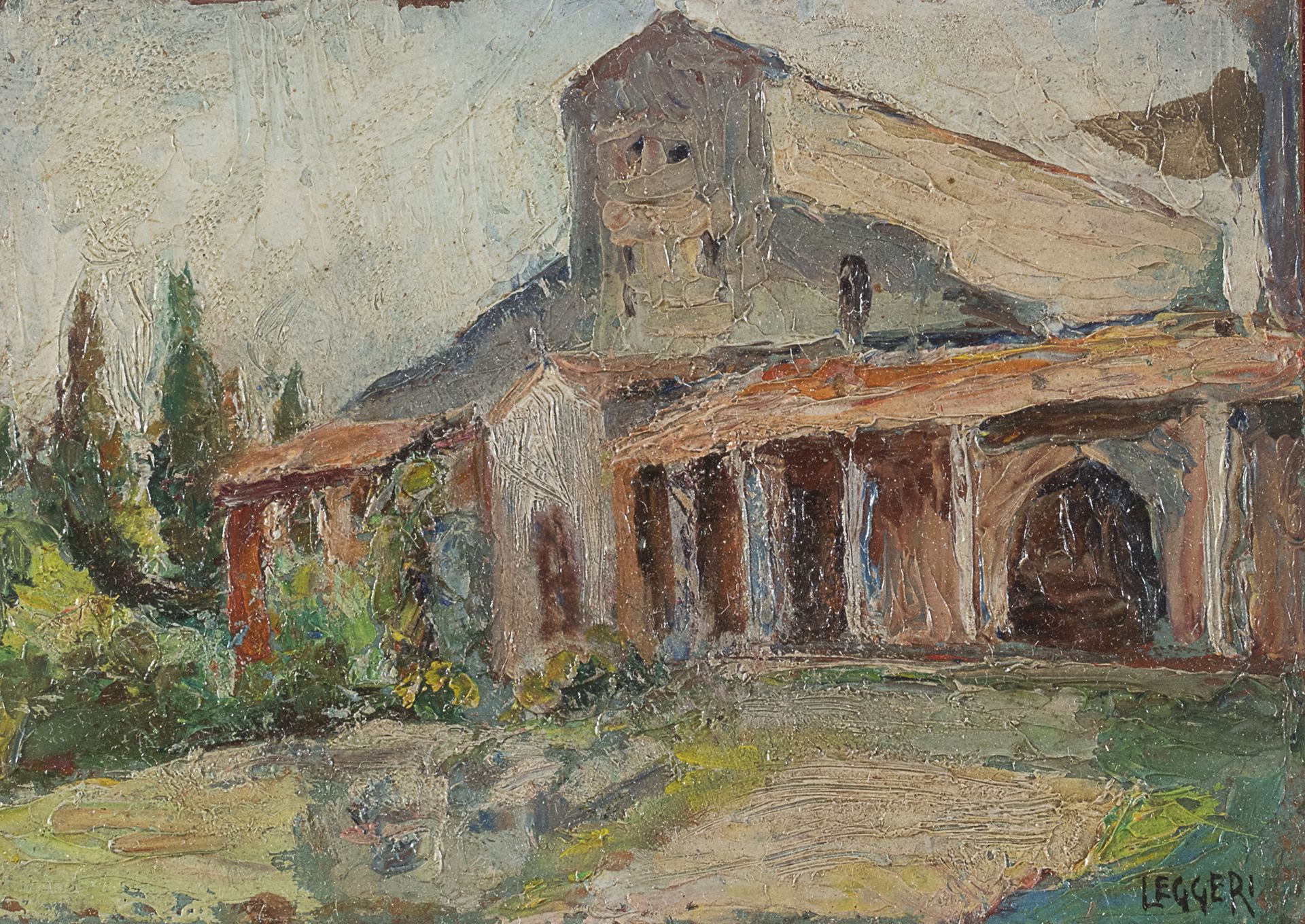 Null 意大利画家，20世纪



景观与大教堂

纸板上的油画，14 x 19厘米

右下方有签名 "Leggeri"。

有框