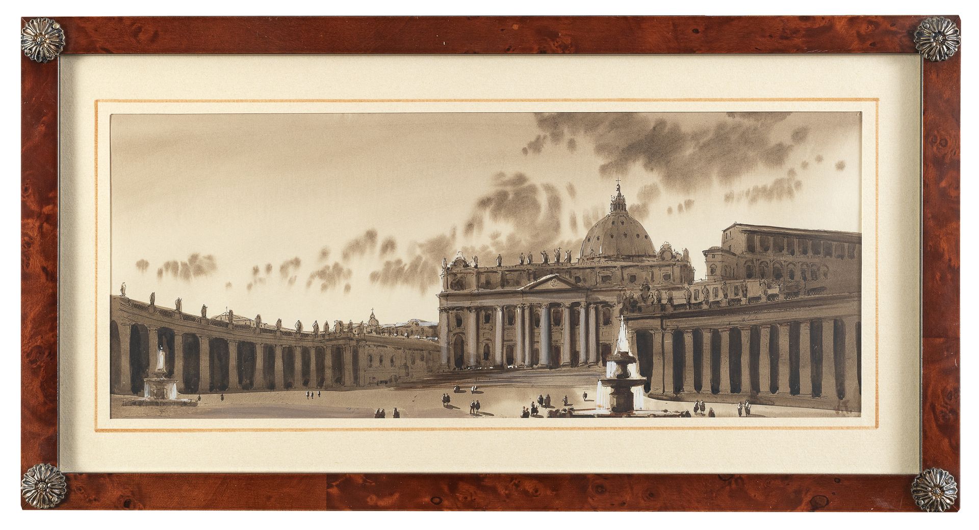 Null 罗马画家，20世纪



圣彼得广场

纸上水彩画，cm. 16 x 36

带有金属应用的图雅根架