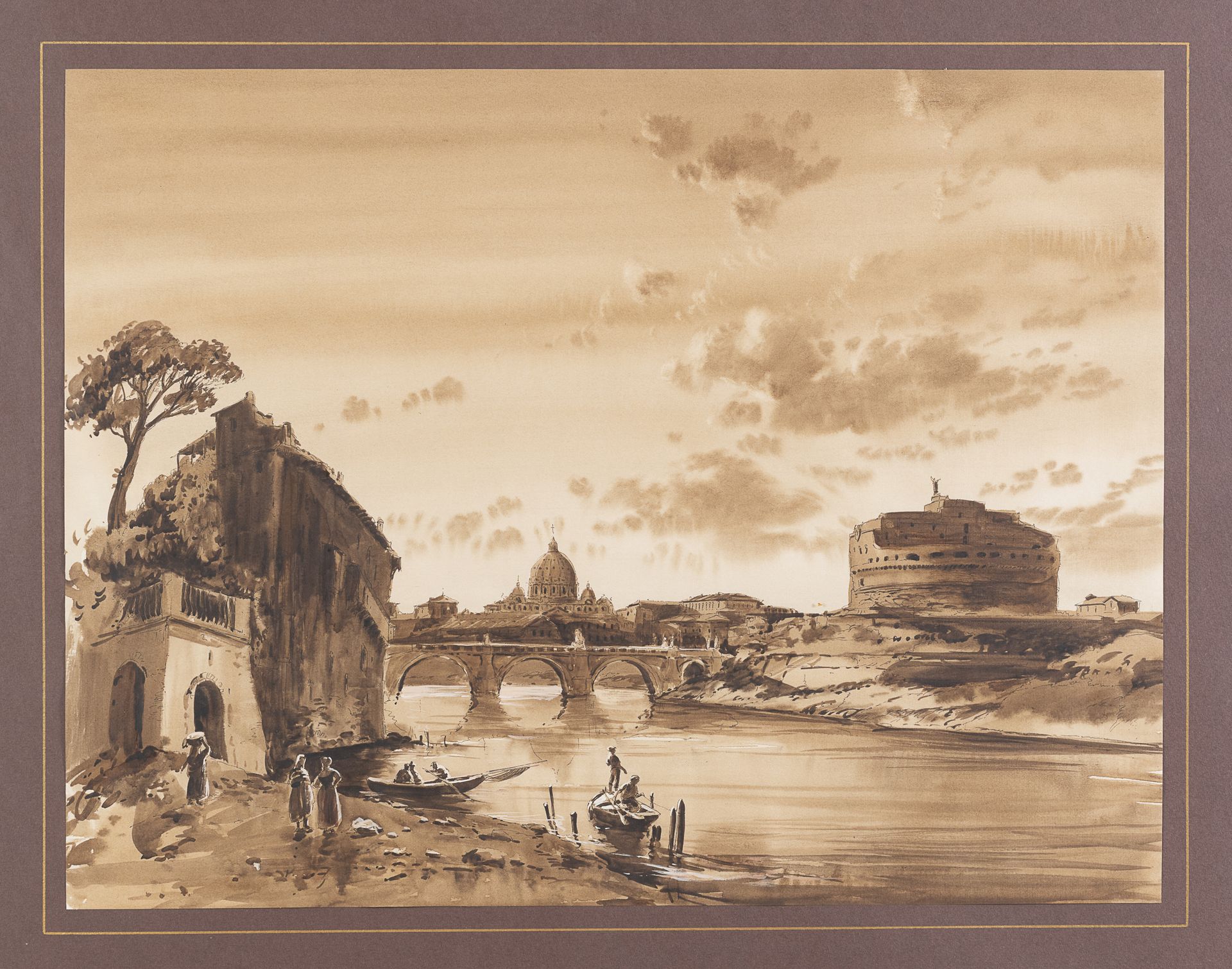 Null 罗马画家，20世纪



圣安杰洛城堡的台伯河

纸上水彩画，cm. 48 x 63

镀金框架