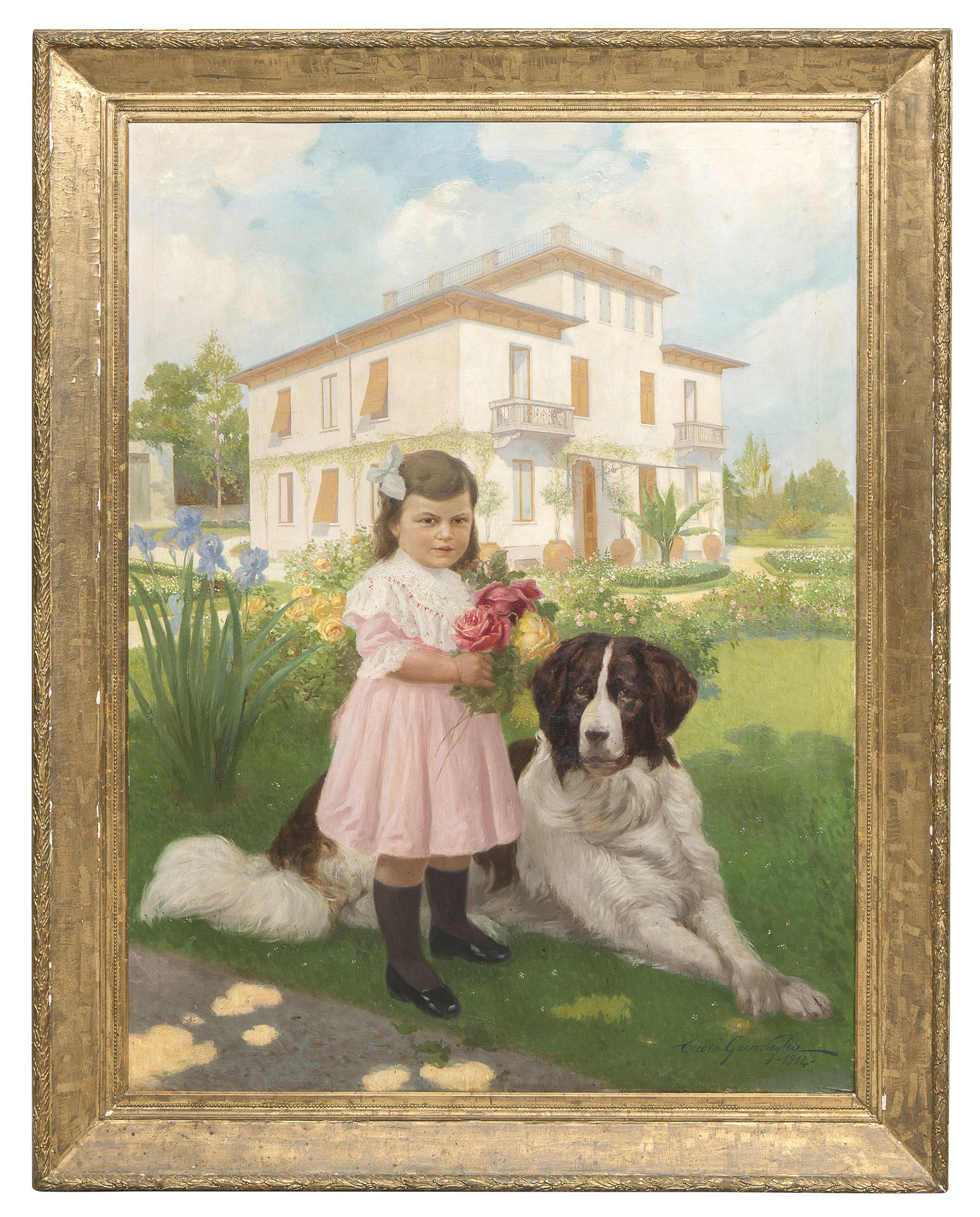 Null 埃托雷-加拉瓦利亚

(19-20世纪的意大利)



孩子和狗在别墅的公园里

布面油画，涂在胶合板上，尺寸：160 x 120

右下方有签名和日&hellip;