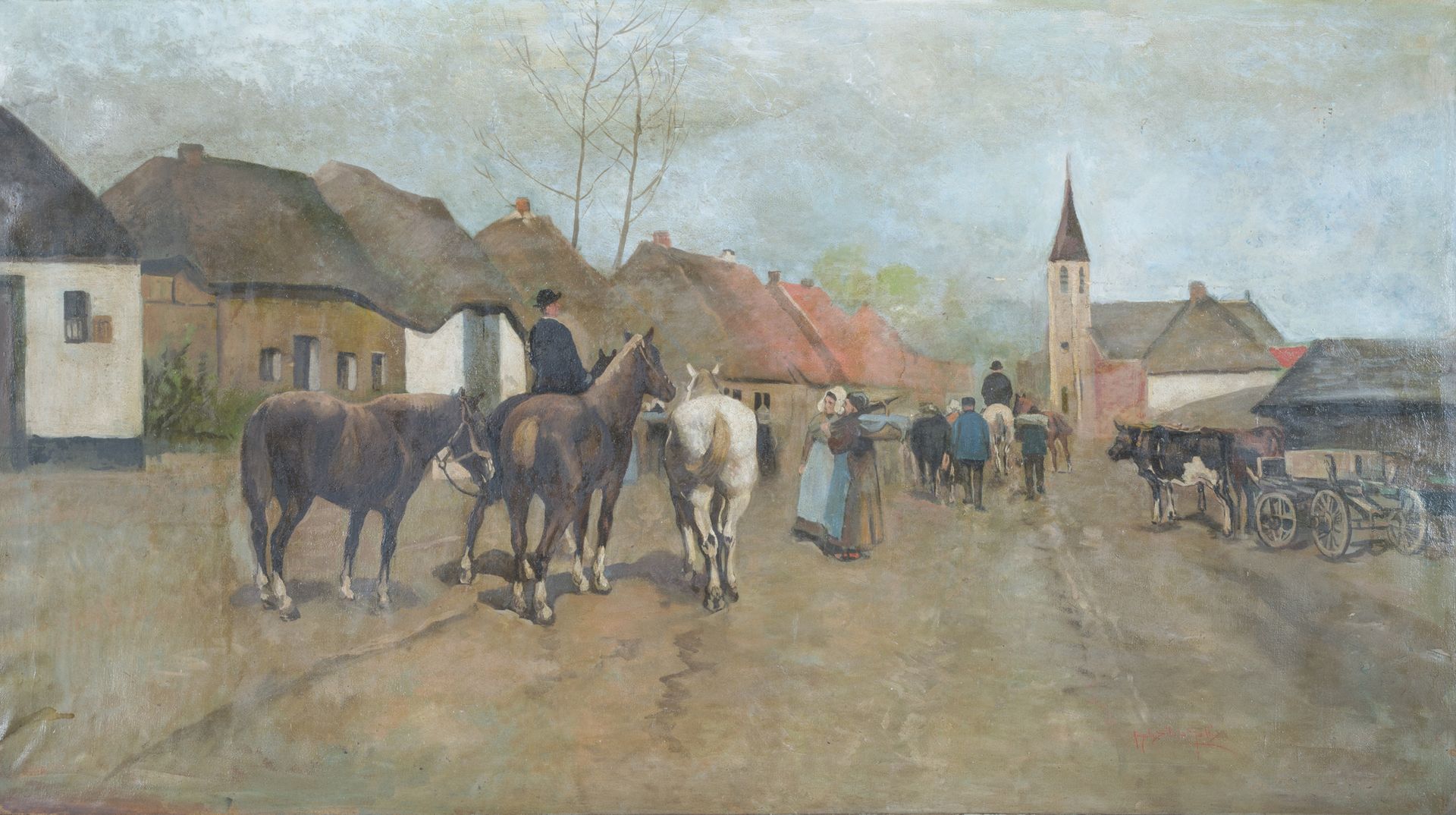 Null Angelo Silvio Galli

(维吉欧 1870 - 米兰 1933)



有平民骑马的村庄景色

布面油画，62 x 112厘米

右&hellip;