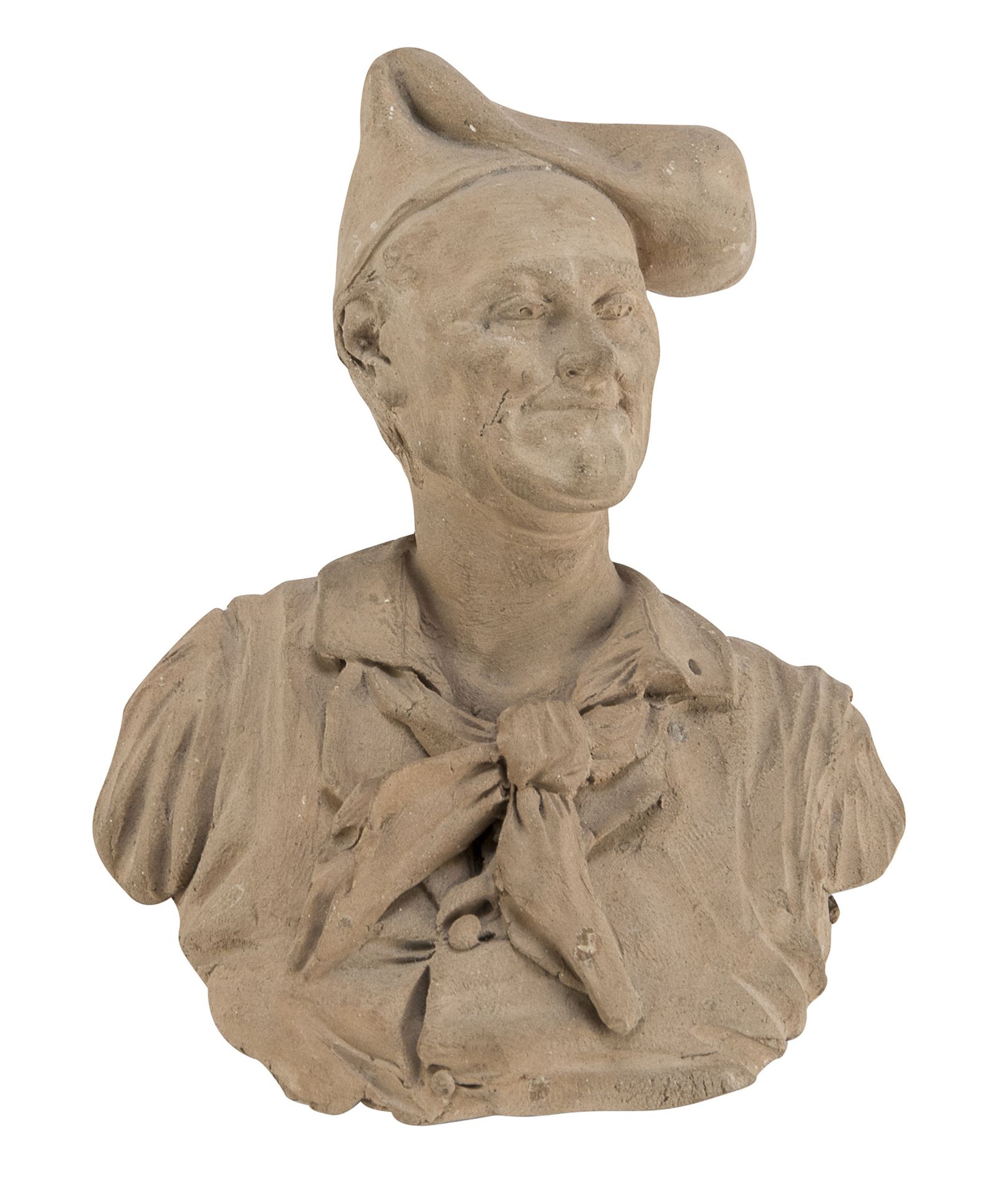 Null 陶器半身像，那不勒斯，19世纪

描绘了一个戴着弗里吉亚帽子的平民。

尺寸为8 x 9 x 10厘米。