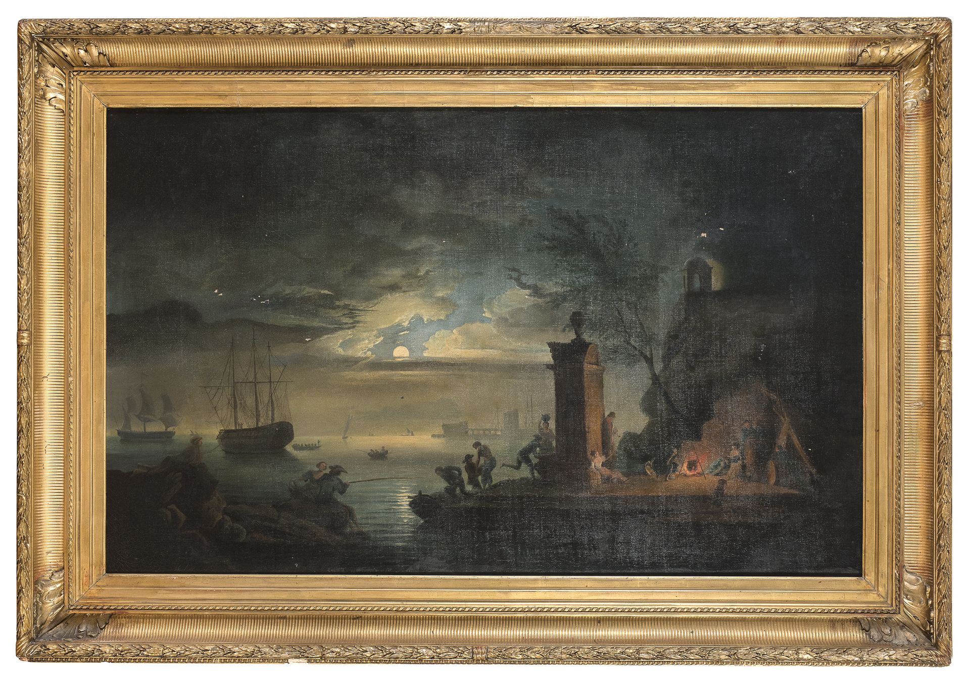 Null 那不勒斯画家，19世纪



带有港口景观、篝火和渔民的夜曲

布面油画，79 x 128厘米

无符号



框架

大型镀金木质手套盒框架，内侧有&hellip;