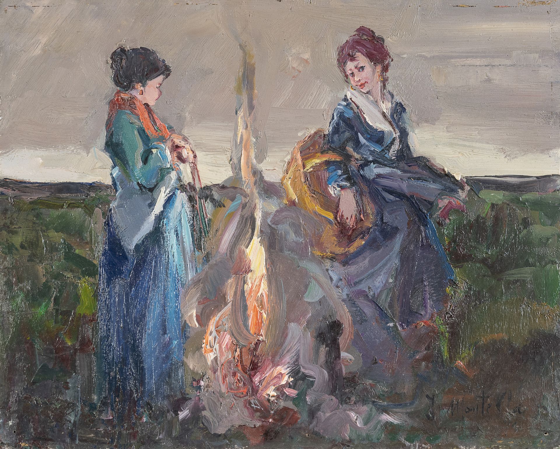Null 二十世纪的意大利画家





傍晚时分，篝火旁的妇女


板面油画，24 x 30厘米


签名右下方