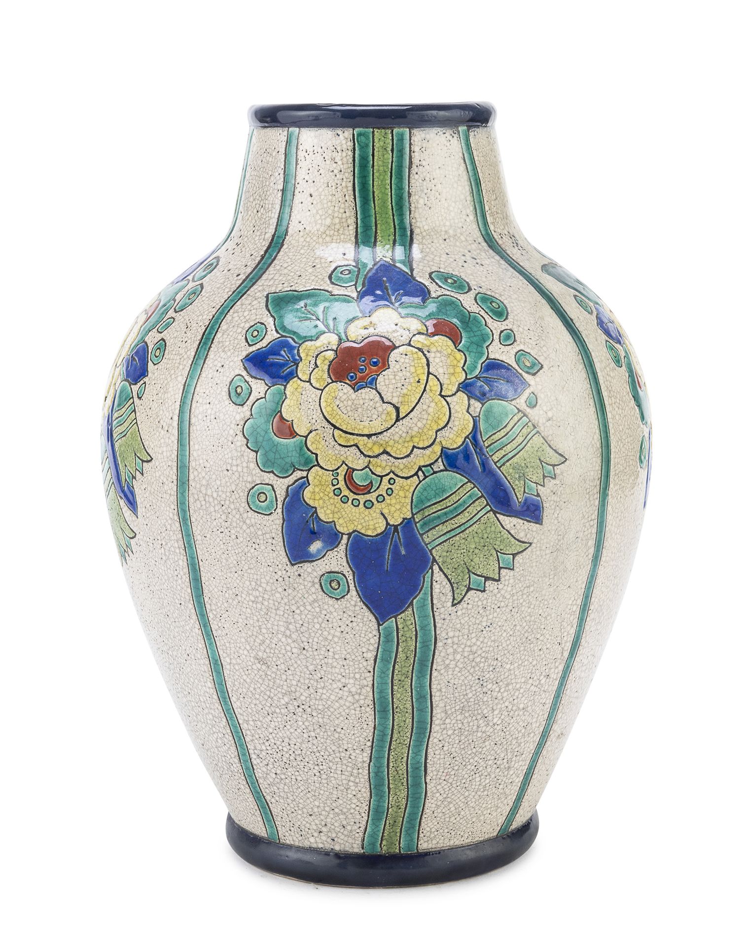 Null 陶瓷花瓶，比利时BOCH公司制造，约1900年。


灰色釉面和多色，竖线合唱团和花。


底座下有黑色的标记。


尺寸为35 x 24厘米。