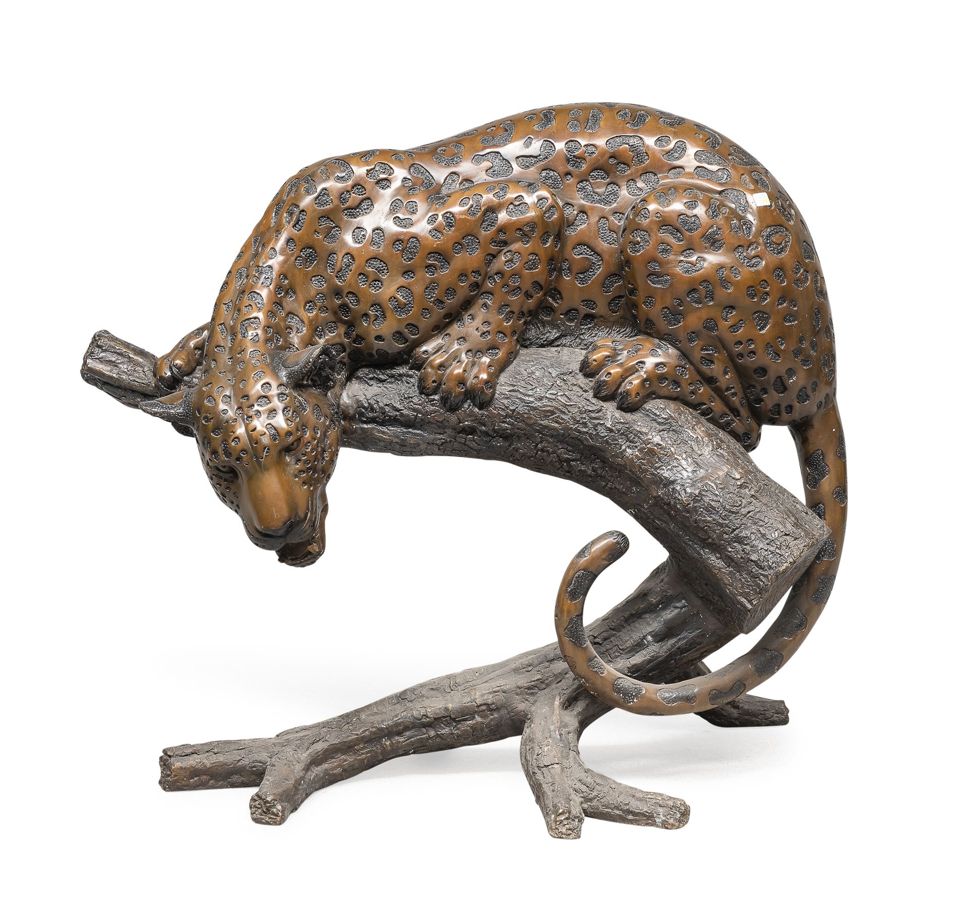 Null 辉煌的青铜雕塑，法国装饰时期


带有烧焦的铜锈，描绘了一只老虎在树枝上的攻击姿态。


无符号。


尺寸为91 x 110 x 60厘米。



&hellip;