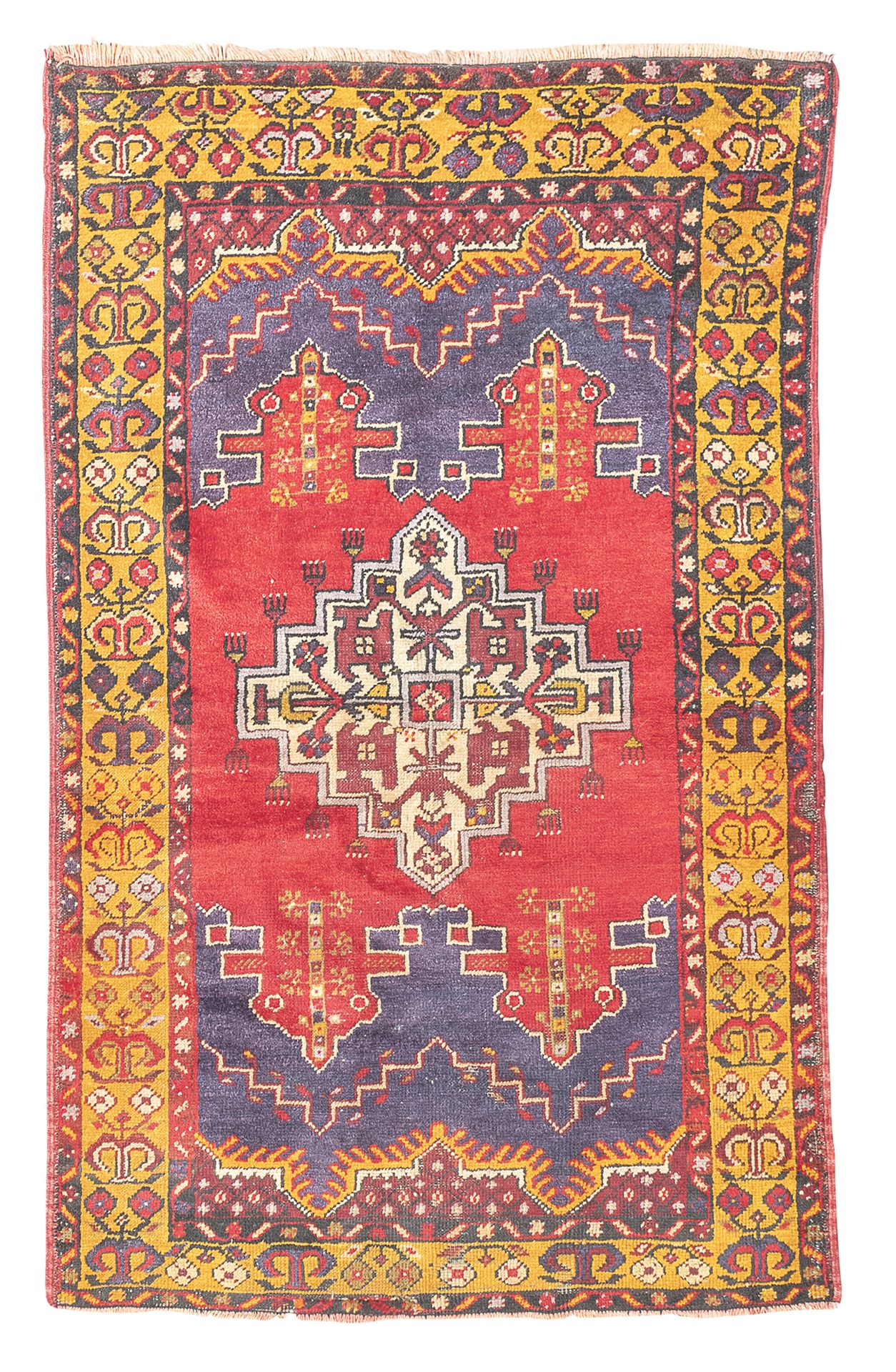 Null 安纳托利亚塞纳卡莱地毯，20世纪初


有一个白色的阶梯状奖章，在中央领域有一个红色的背景。


尺寸为164 x 105厘米。