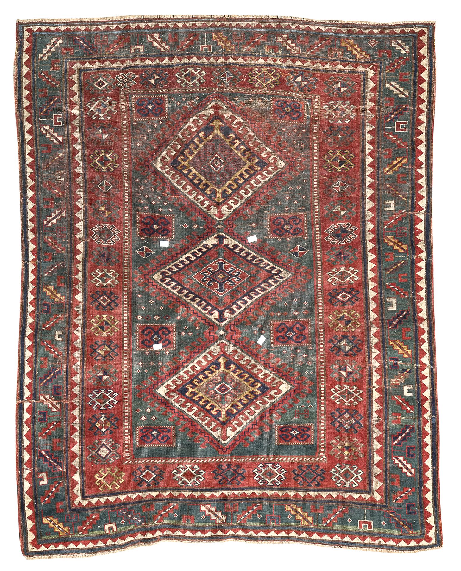 Null 卡扎克-波尔蒂亚鲁地毯，19世纪末


在绿色背景上，中央区域有一个带爪子和次要的矩形、菱形和符号的三重菱形奖章。边缘有橡树叶。


尺寸为200 x&hellip;