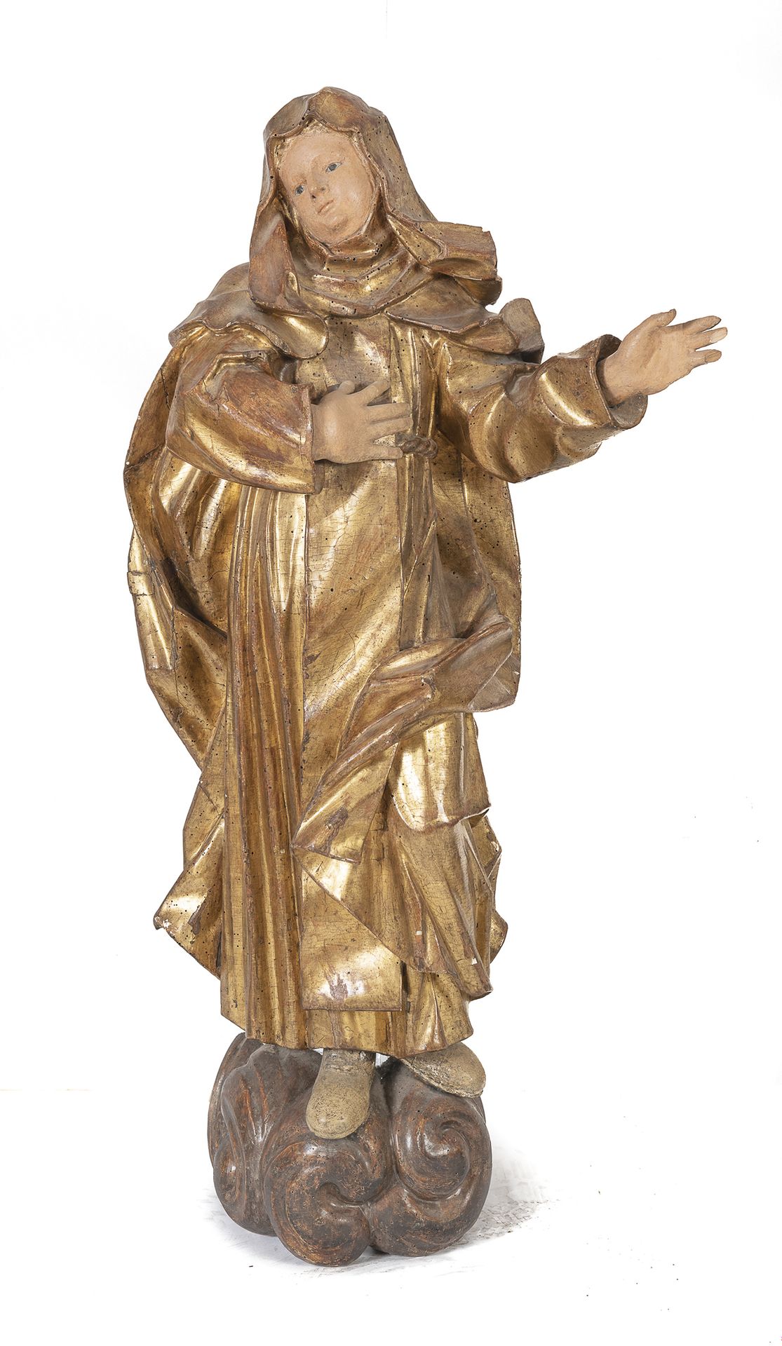 Null 德国雕塑家，十七世纪





圣布里奇特


镀金木雕和多色木雕，尺寸：112 x 50 x 34


一只手的手指缺失，手指上的缺陷，红点
