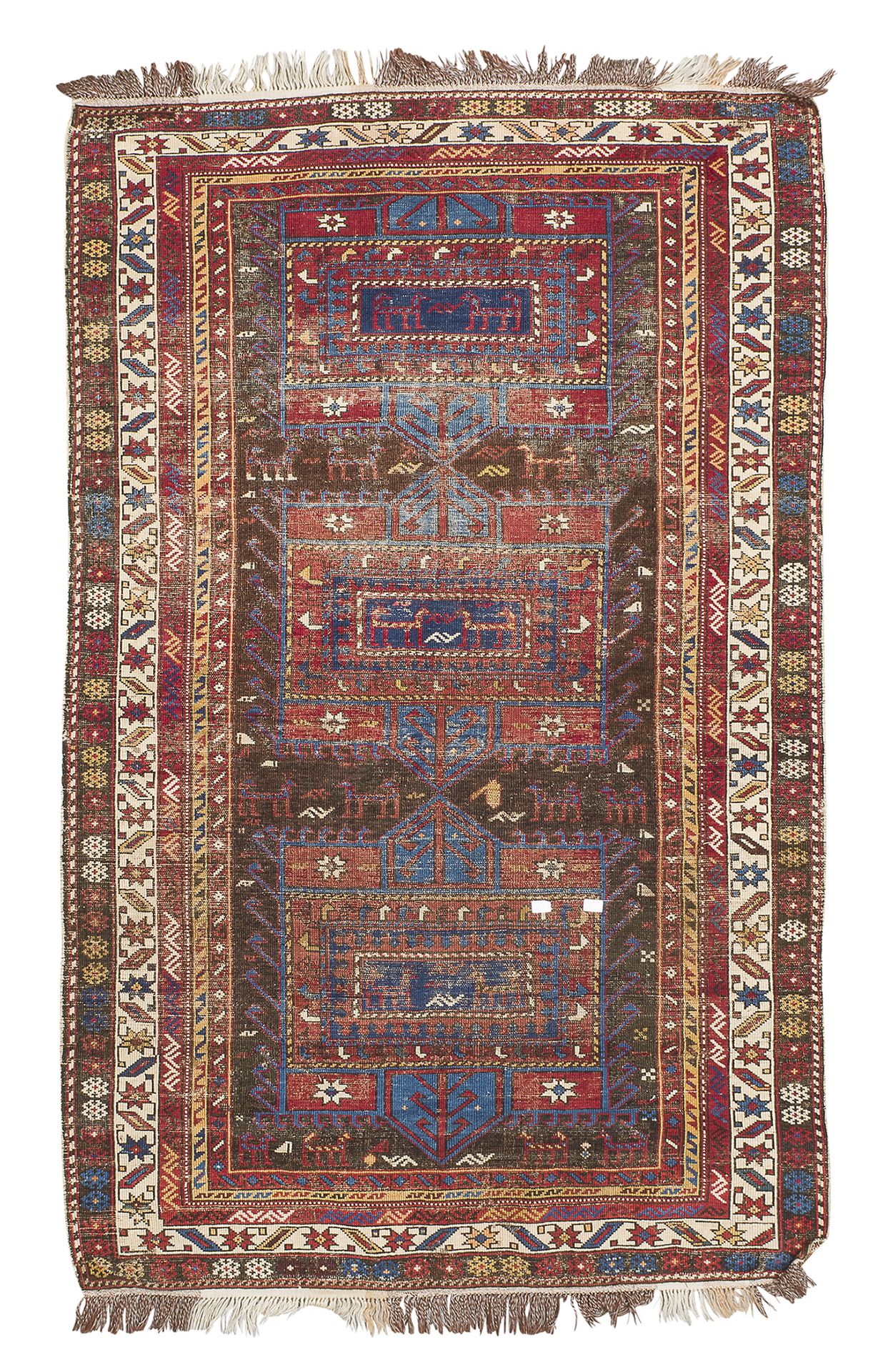 Null 卡扎克地毯，19世纪末


长方形奖章上有动物和爪子的造型，以及动物和符号的次要图案，中央有蓝色背景。


尺寸为180 x 110厘米。


擦伤。