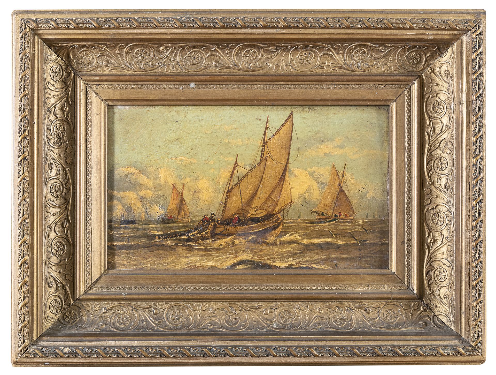 Null 英国画家，20世纪初





海上的渔民


板面油画，17 x 29厘米


无符号


木质框架和镀金灰泥工程