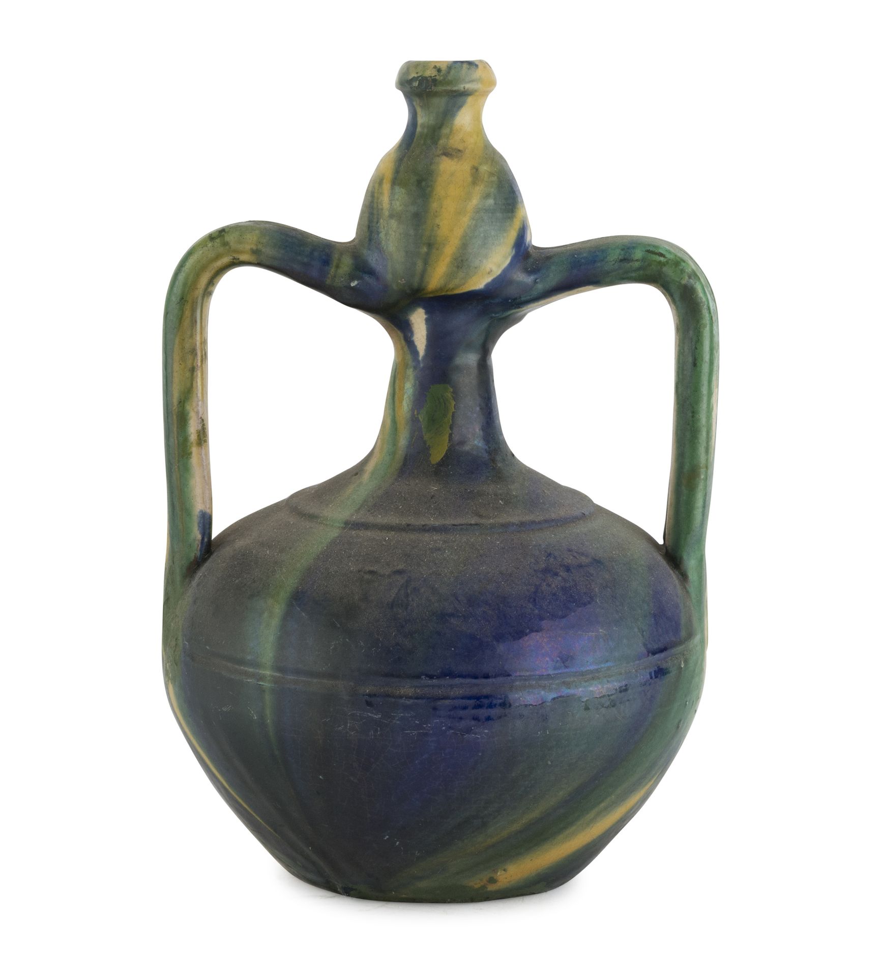 Null 陶瓷双耳瓶，西米纳拉，19世纪


绿色、黄色和蓝色的釉面，有带状把手。


尺寸为38 x 26厘米。