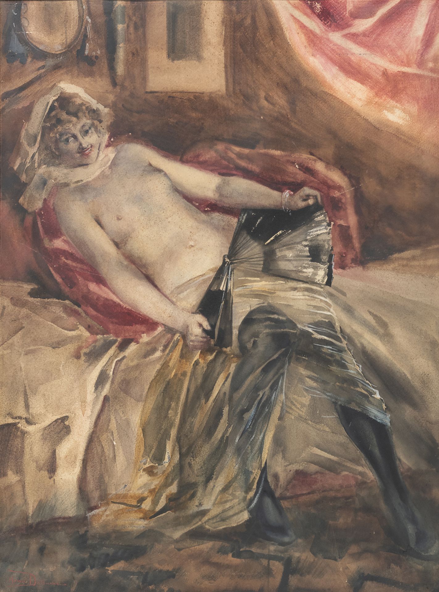 Null Henry Julien Detouche


(巴黎1854 - 1913)





室内有带风扇的妇女


水彩画，70 x 55厘米


左下&hellip;