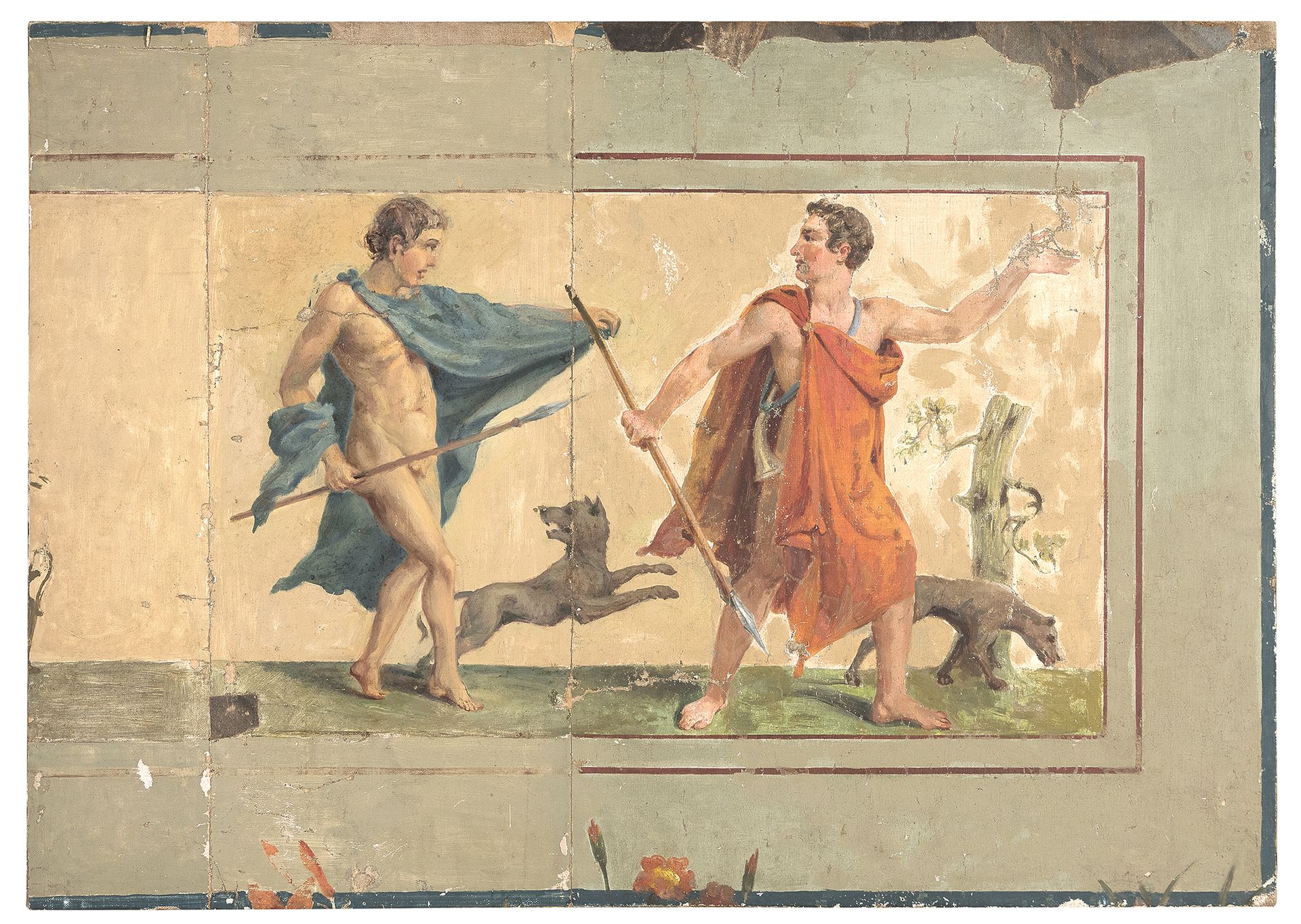 Null OIL PAINTING OF A HUNTING SCENE, AFTER ETRUSCAN FRESCO