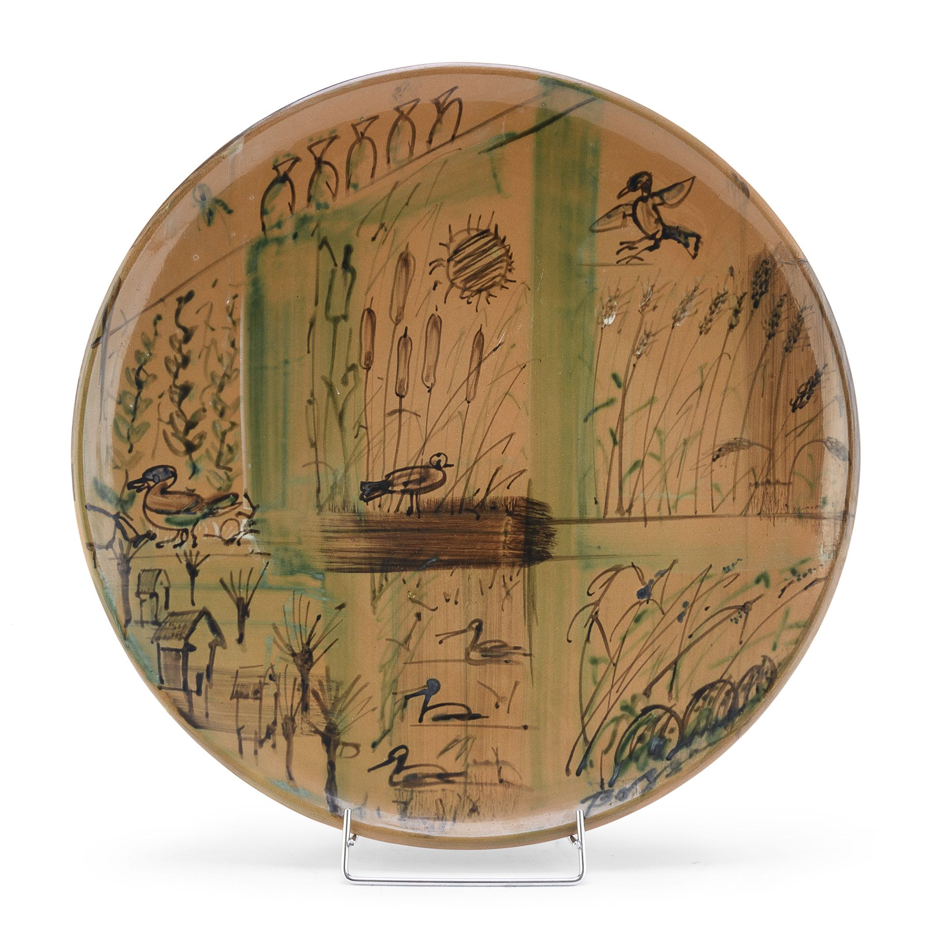 Null 陶盘，圣乔治-阿尔比索拉 1960年代


棕色珐琅地，有风景装饰，房屋和鸟类。


底下的品牌名称。


直径55厘米。