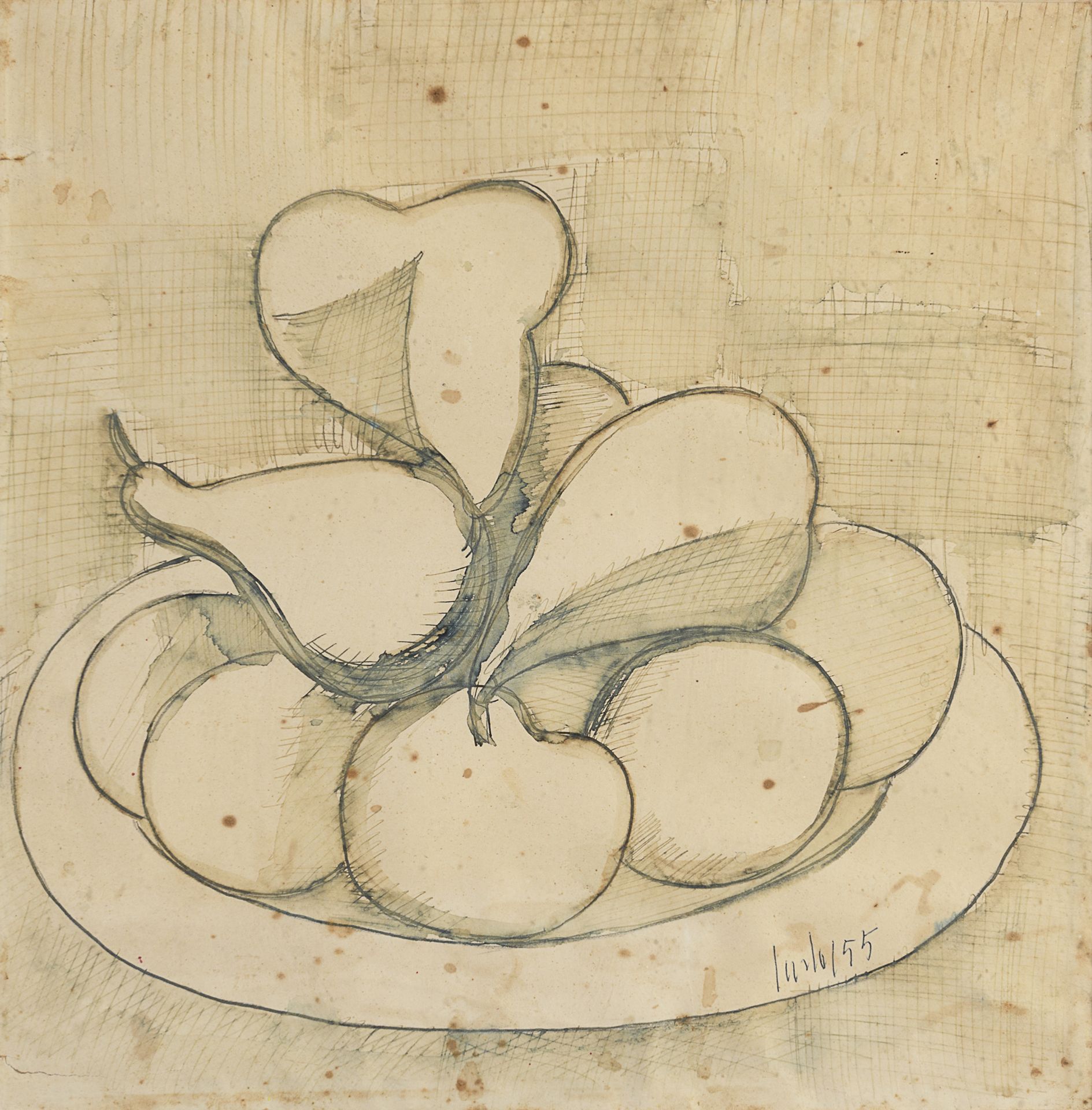 Null 20世纪画家





静物》，1955年


纸上水墨和水彩，34 x 34厘米


难以阅读签名和日期，右下方


有框


纸张潮湿和开花的痕迹&hellip;