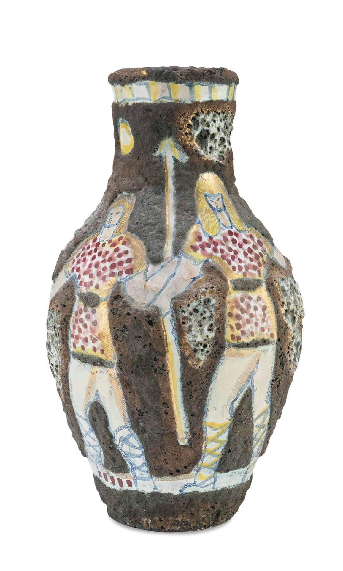 Null 陶瓷花瓶，1950年代


采用拉库工艺，模仿熔岩，绘有带矛的人物。


尺寸 cm. 43 x 23.