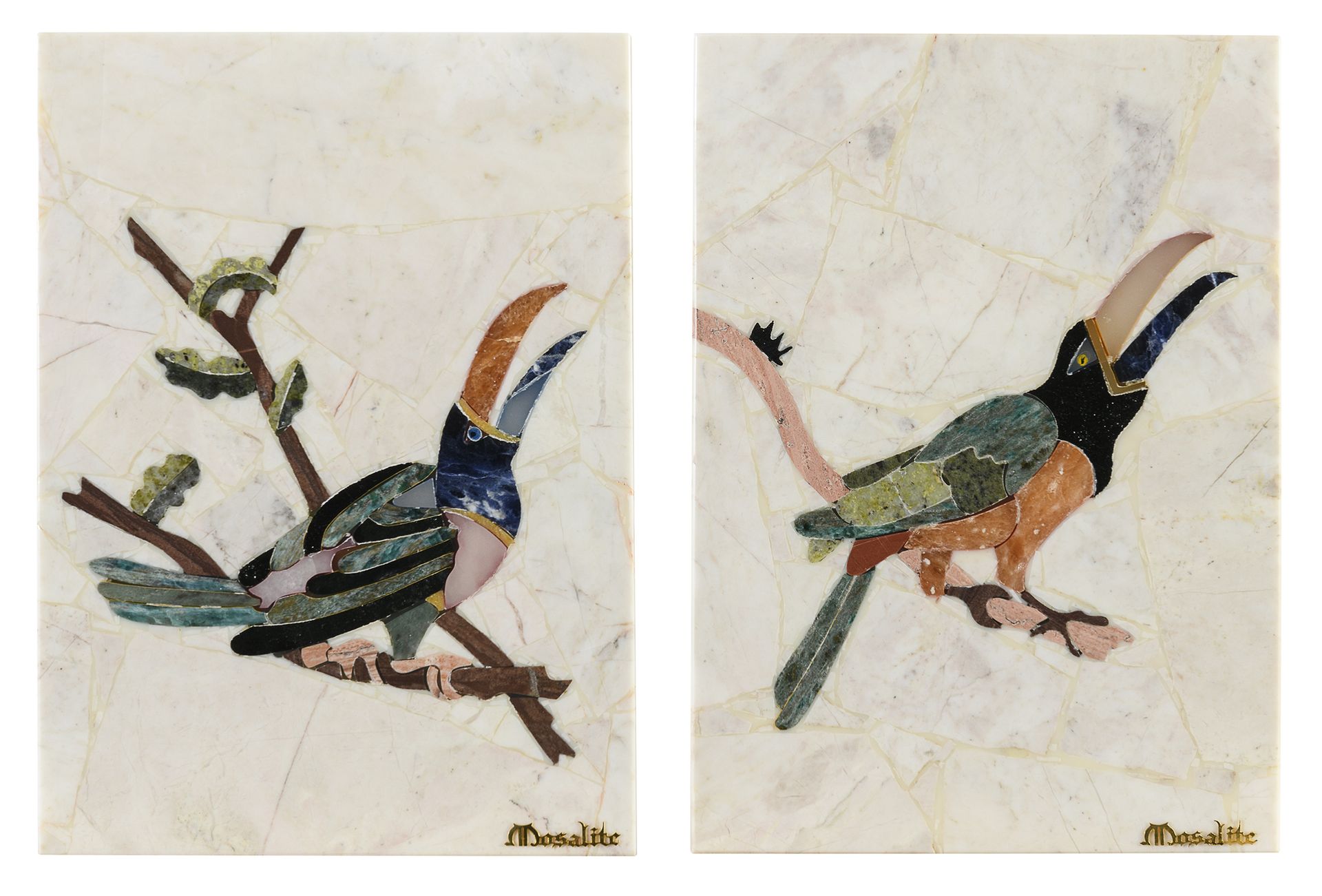 Null 一对半宝石镶嵌品，巴西 20世纪


描绘枝头上的鸟儿。


标记的摩萨尔石。


尺寸 cm. 18 x 13.


担保证书。