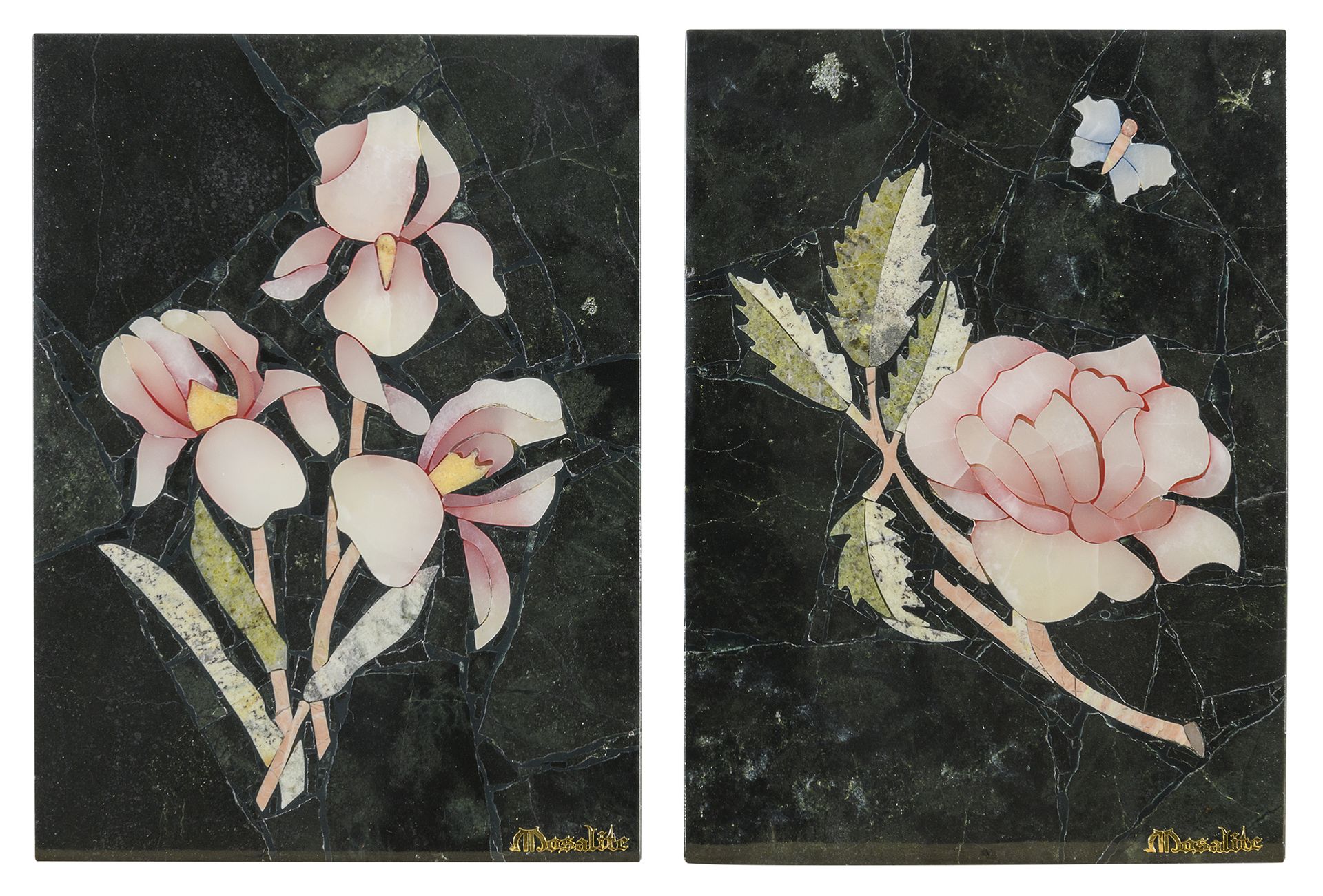Null 一对半宝石镶嵌品，巴西 20世纪


描绘花卉的作品。


标记的摩萨尔石。


尺寸为18 x 13厘米。


担保证书。