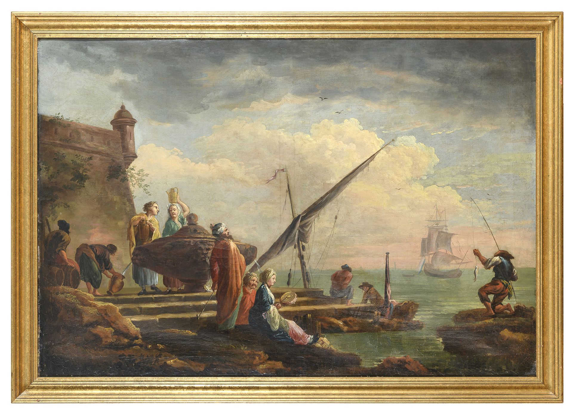 Null 法国画家，18世纪末、19世纪初



东方人、渔夫和少女的海港景观

布面油画，78 x 114厘米

有框



证据

罗马家族



画的状况&hellip;