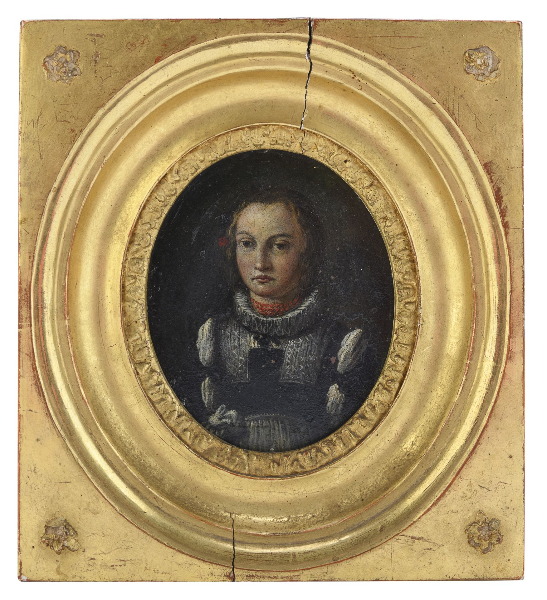 Null LAVINIA FONTANA, att.

(博洛尼亚1552年-罗马1614年)



年轻女孩的画像

椭圆形铜板上的油彩，10,5 x 8,5&hellip;