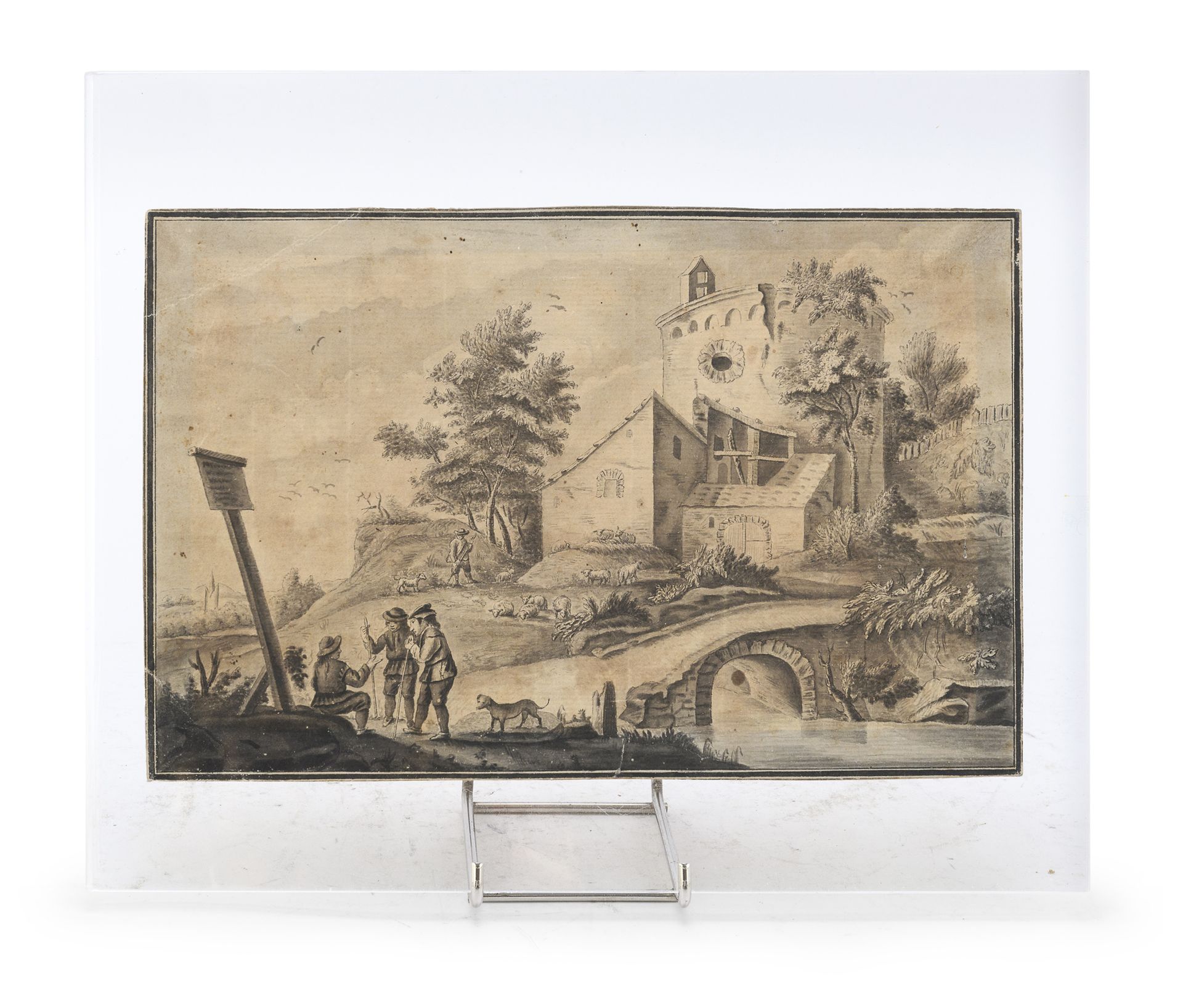 Null DAVID TENIERS, 追随者

(安特卫普1610-布鲁塞尔1690)



牧羊人塔和路人的景观

纸上深褐色，cm. 16 x 25

有&hellip;