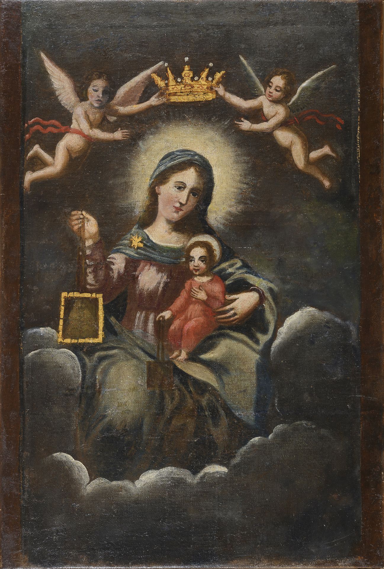 Null 意大利南部的画家，18世纪



肩胛骨的圣母

布面油画，cm. 86 x 58



画的状况

最近的重涂。天使身上的点和修复线，在圣母的脸上和&hellip;