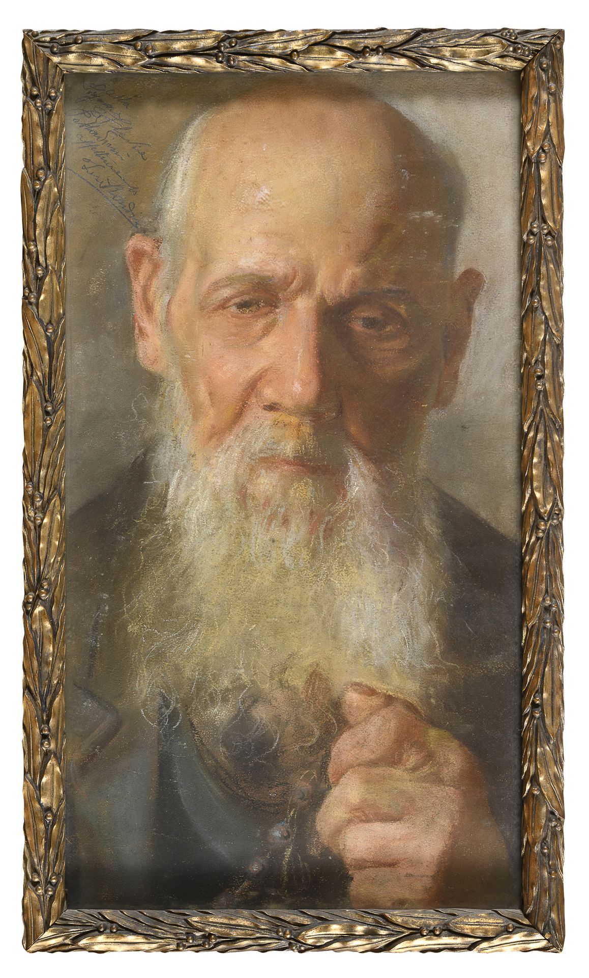 Null 俄罗斯画家，19世纪末



带着念珠的男人画像

棕色纸上的粉笔画，cm. 45 x 24

无符号

献词左上角

木制和镀金灰泥框架