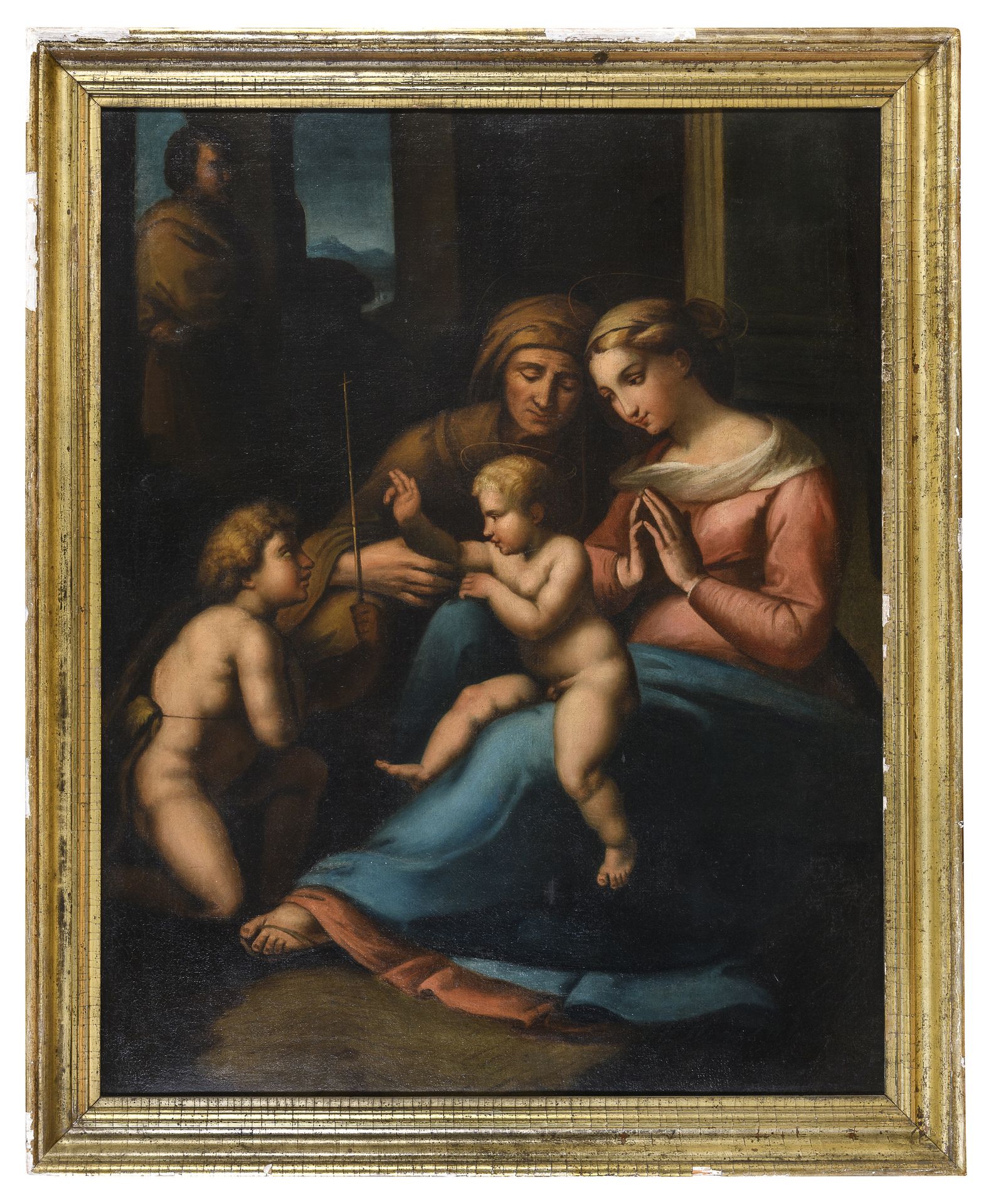 Null 罗马画家，18世纪



圣约翰和圣伊丽莎白的神圣家庭，拉斐尔的作品

布面油画，96 x 76厘米



框架

镀金木框，19世纪（缺陷）