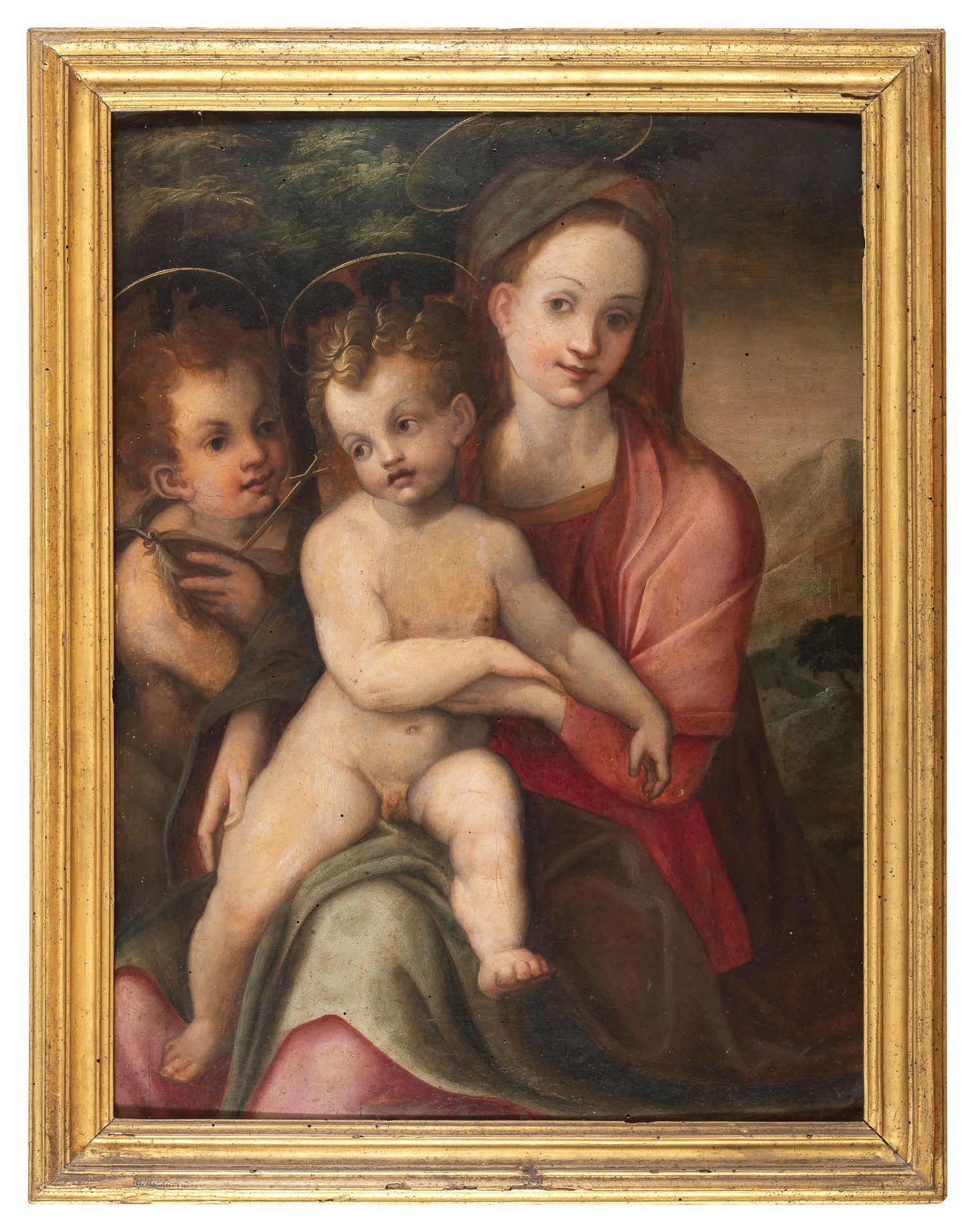 Null 多梅尼科-普利高，工作室

(佛罗伦萨1492-1527)



圣母与孩子和圣人约翰

板上油画，65 x 49厘米



画的状况

略微弯曲的面&hellip;