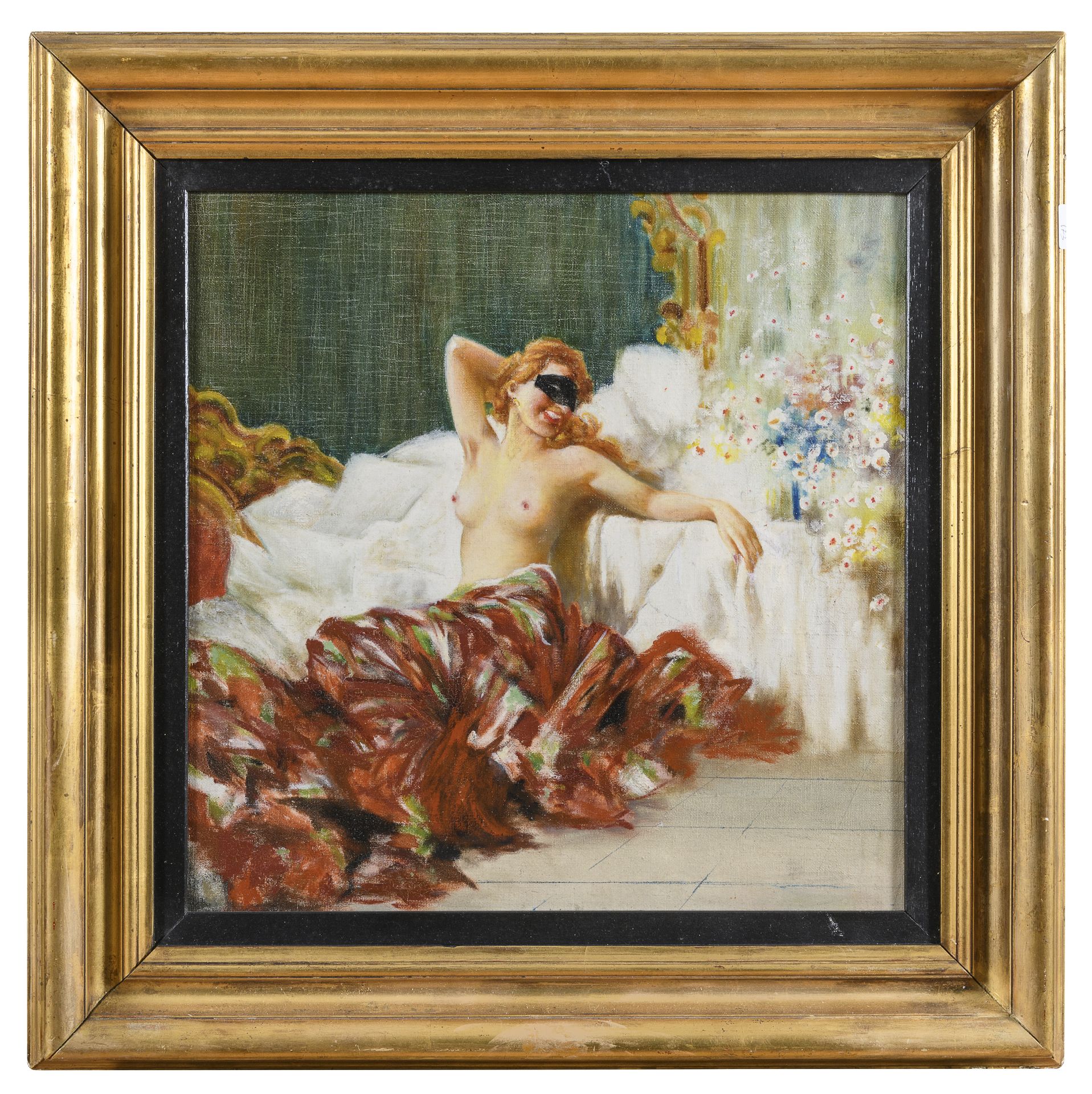 Null 弗朗切斯科-隆戈-曼奇尼

(卡塔尼亚1880-罗马1954)



戴面具的女人的裸体

布面油画，44 x 44厘米

无符号

油画，有建筑的前&hellip;
