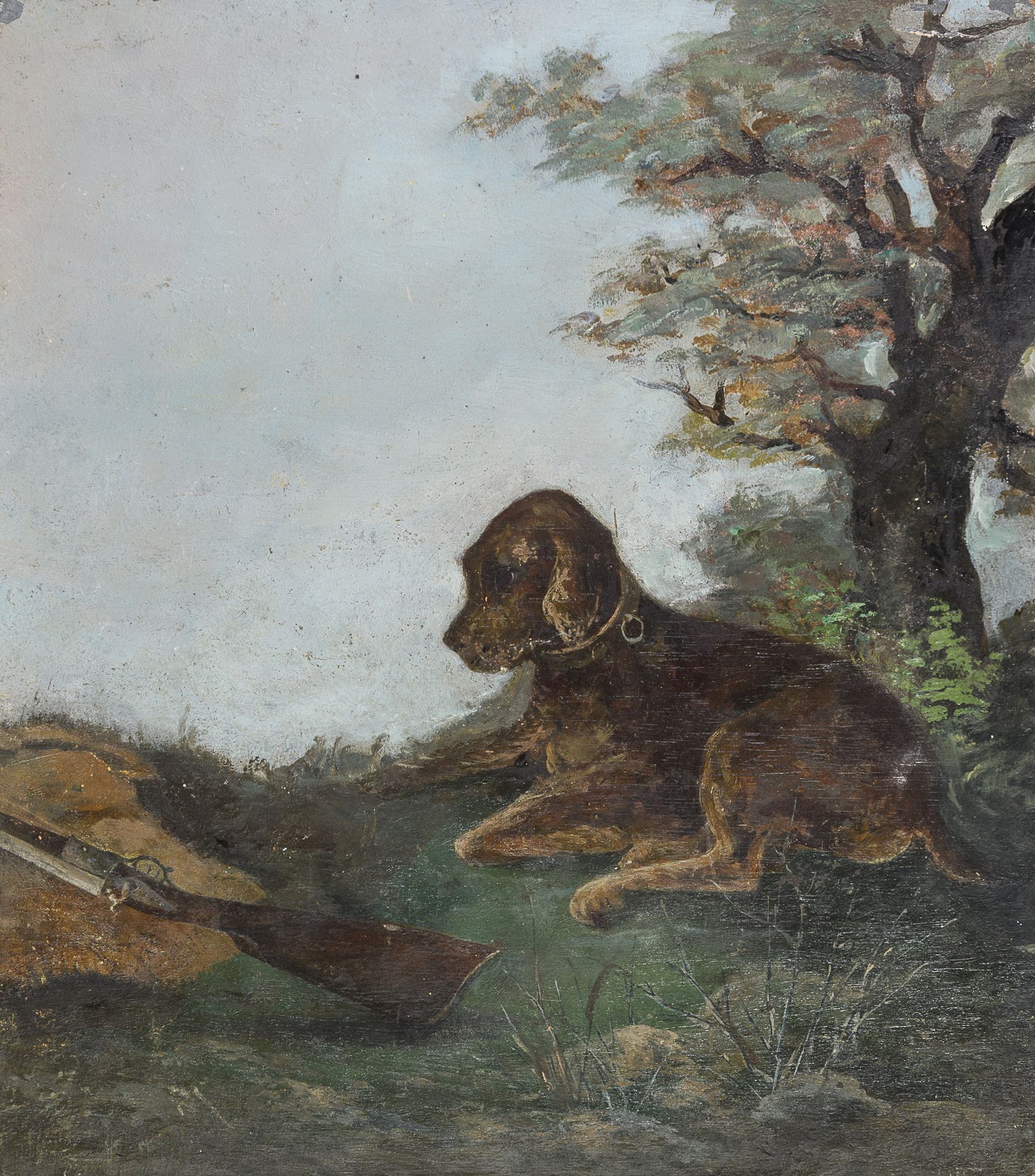 Null 意大利画家，19世纪



犬与枪

板面油画，cm. 25 x 22

背面描绘着花瓶的绘画

无符号