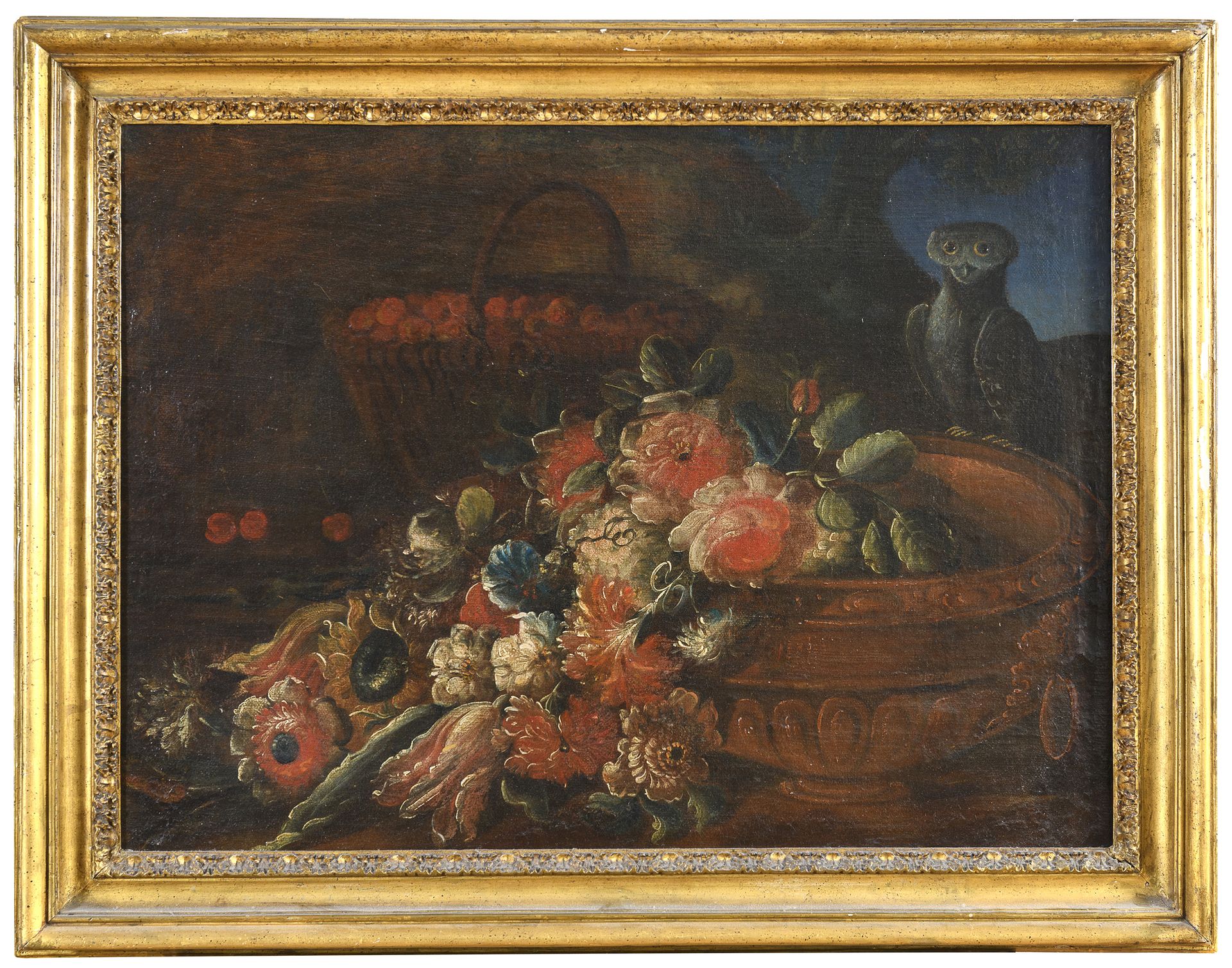 Null 伦巴第画家，18世纪



有猫头鹰的风景，铜碗，花和野草莓篮子的组成

布面油画，cm. 53 x 69,5



起源

罗马家族



画的状况&hellip;