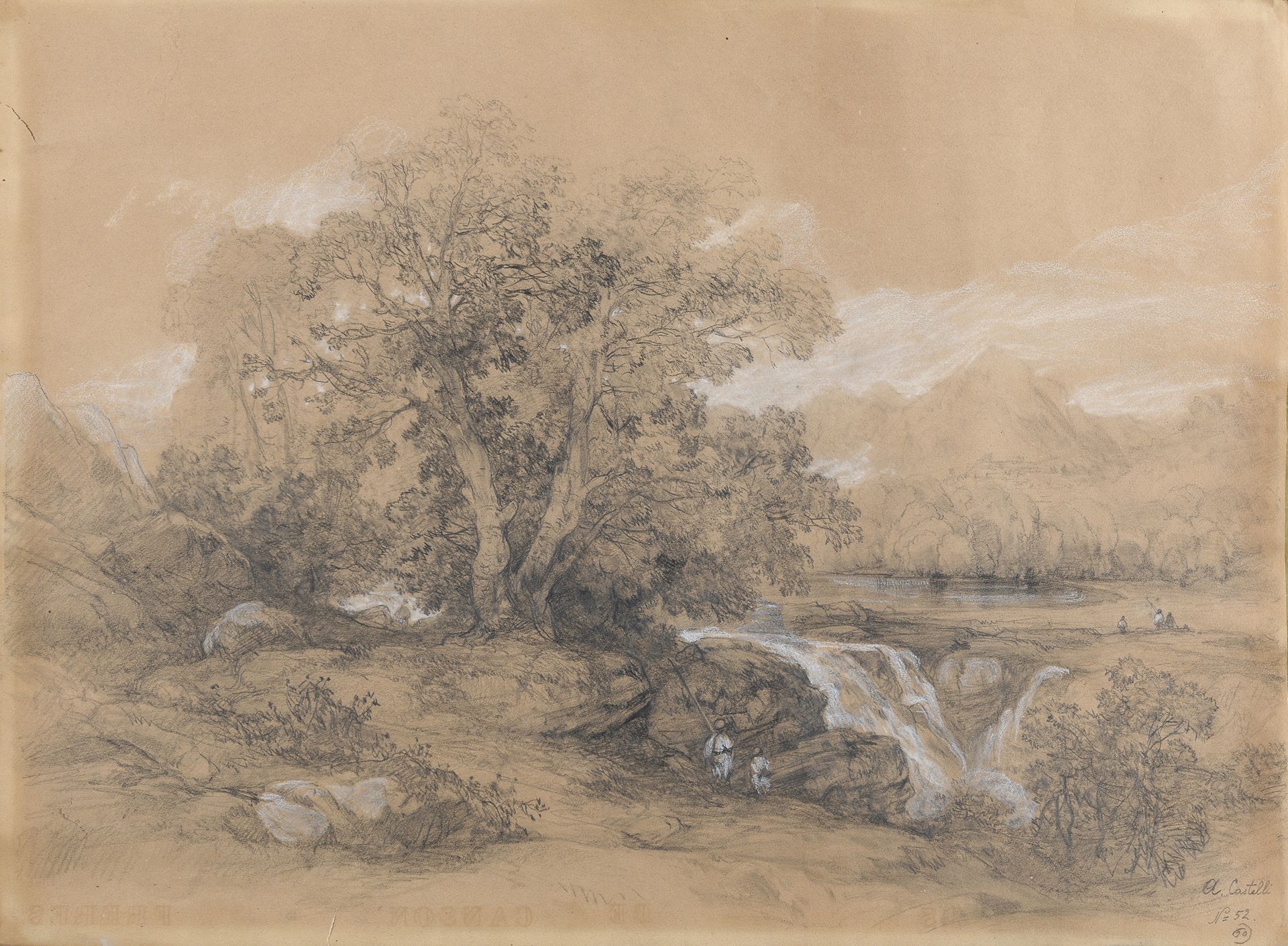 Null 亚历山大城堡

(罗马1809 - 1902)



小瀑布和渔民的河流景观

铅笔与白色铅笔在棕色纸上，45 x 61.8厘米

右下方有签名

右&hellip;