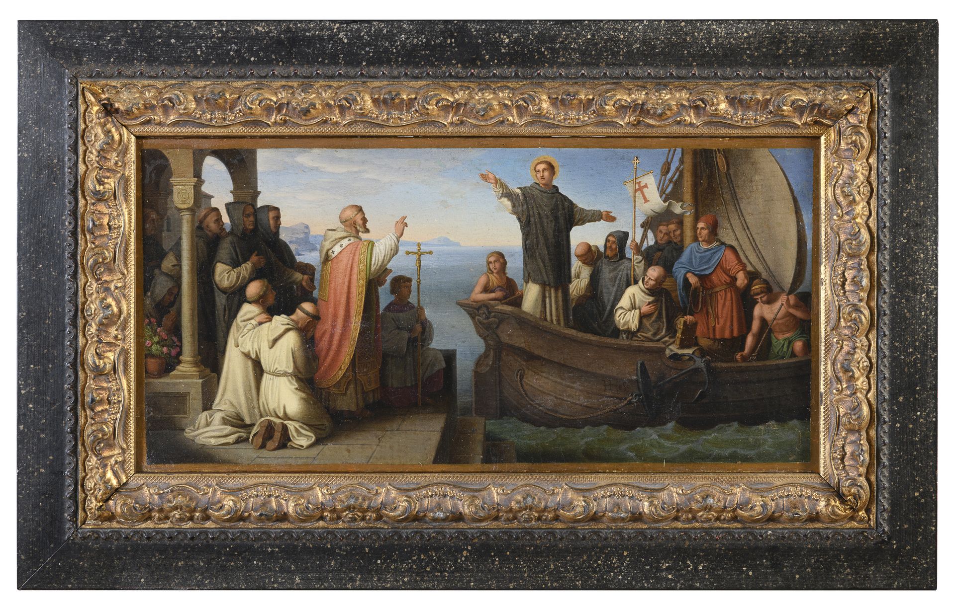 Null 赫斯族人

(巴塞尔 1799 - 1850)



圣多米尼克对新世界传教士的祝福

布面油画，21 x 43厘米

签名在船体的右下方

背面有签&hellip;