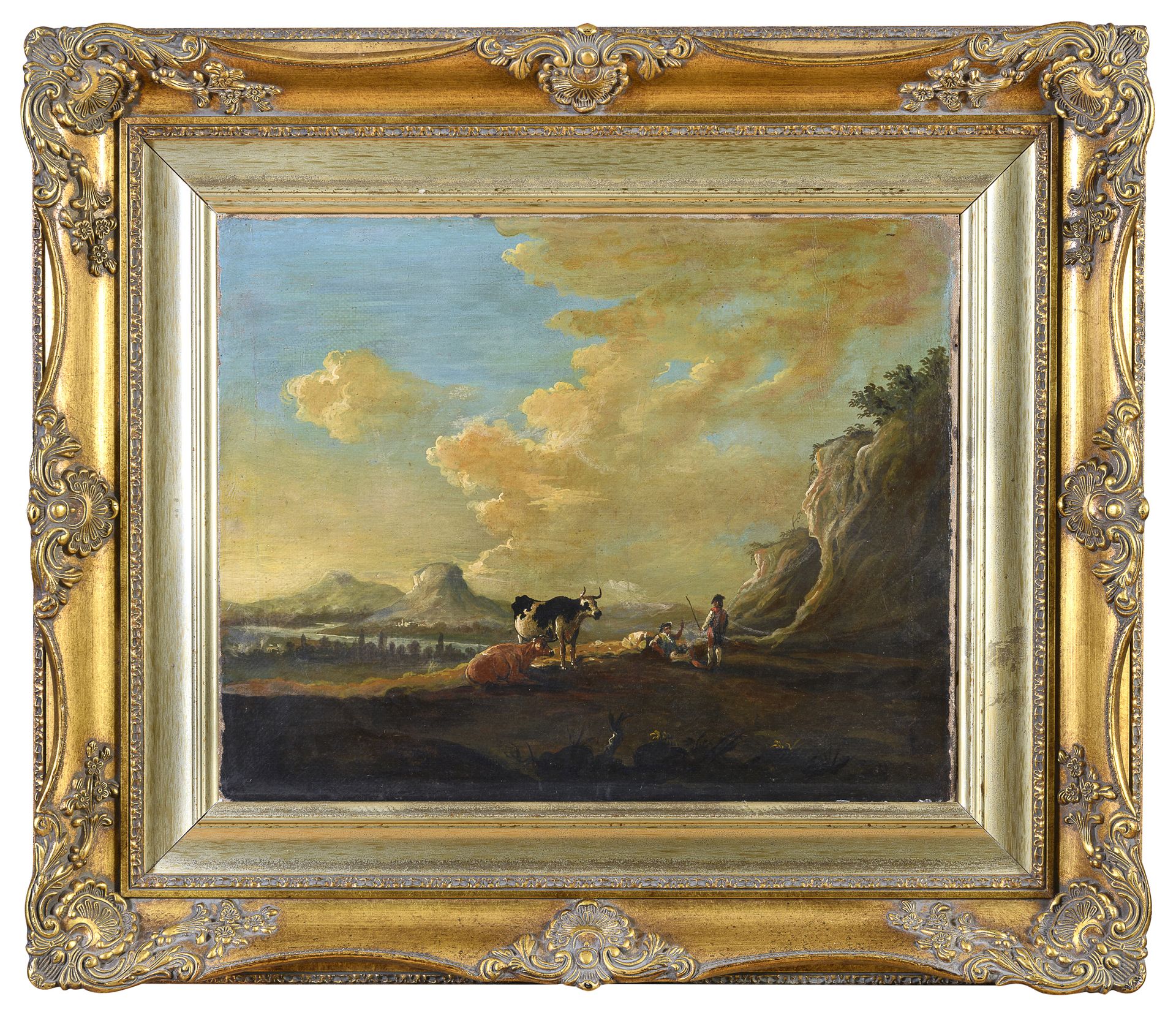 Null 荷兰画家，19世纪初



牧羊人和牛群的休息景观

布面油画，cm. 40 x 48

镀金框架