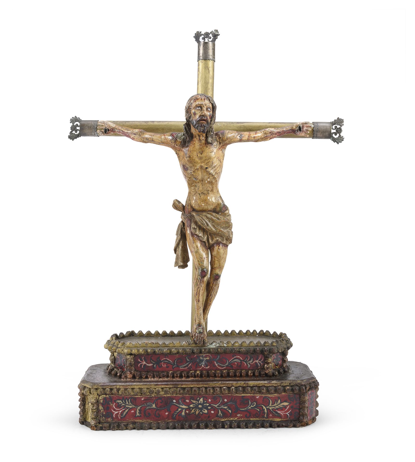 Null 木制十字架，可能是西班牙的，18世纪

带有全多色的基督，管状黄铜十字架，镀金的木质底座，有两个台阶，玻璃嵌件上绘有植物图案。

尺寸为76 x 42&hellip;