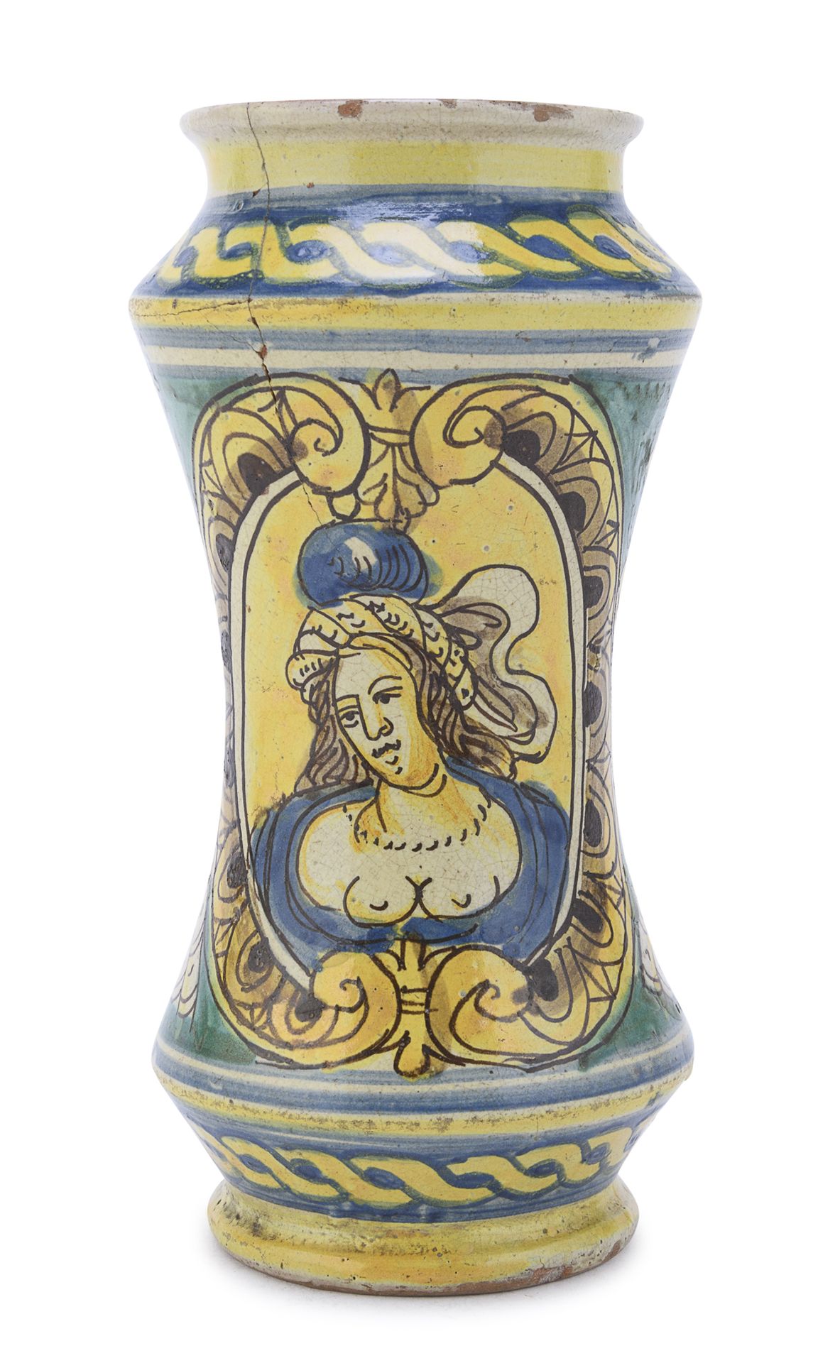 Null 马约里卡-阿尔巴雷洛，可能是西西里岛 十八世纪

多色的，身体上的装饰是女性半身的纹章和带卷轴的凯旋图。编织的丝带边框。

尺寸为22 x 11厘米。&hellip;