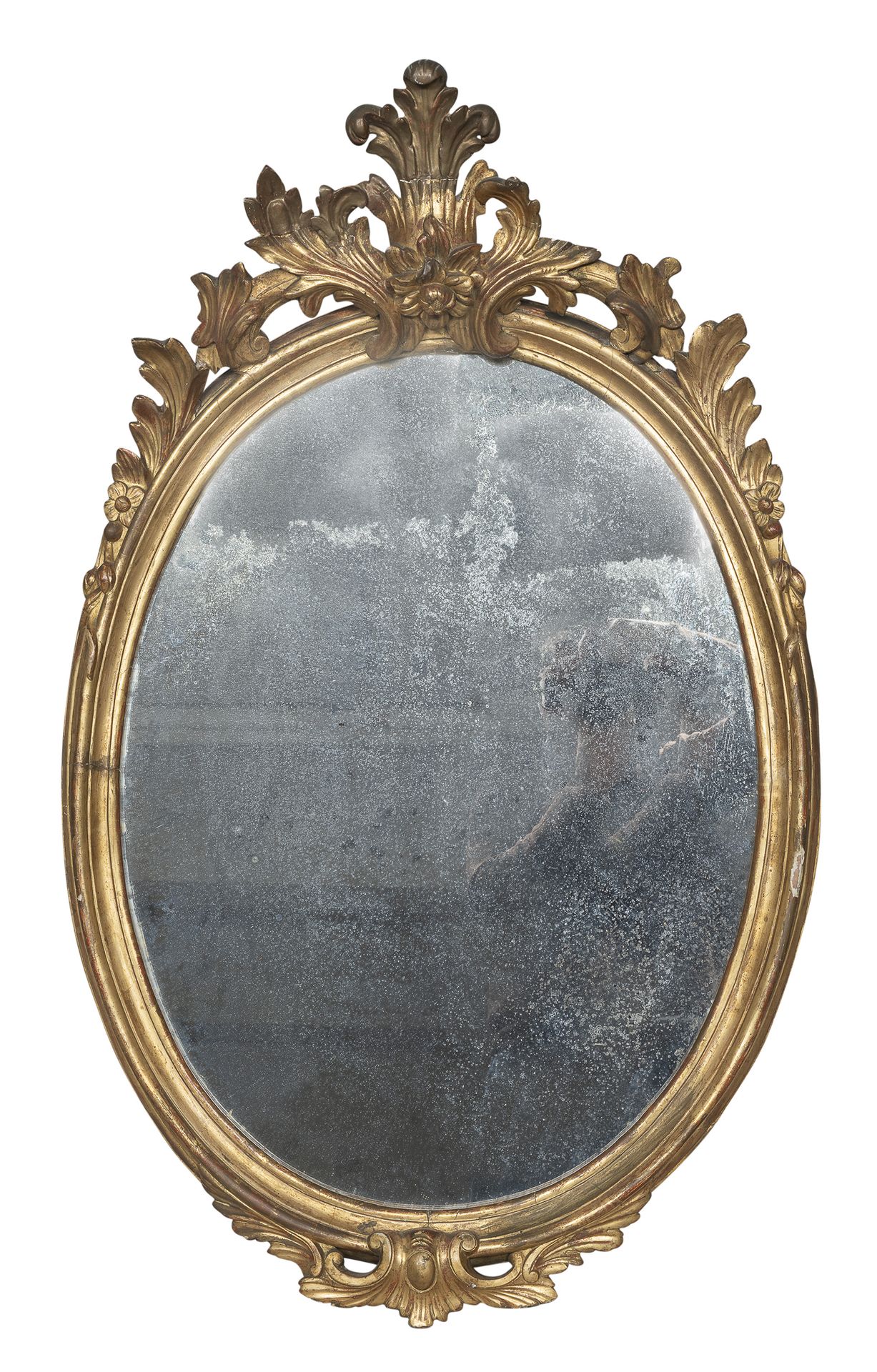 Null BEAUTIFUL OVAL MIRROR IN GILTWOOD, 18th CENTURY