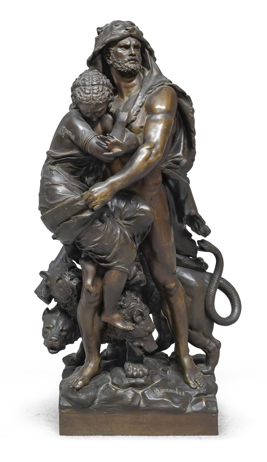 Null 埃内斯特-朗库莱

(索雷兹1842-波尔多1905)



赫拉克勒斯、雅典娜和塞伯勒斯

铜组，有烧焦的铜锈，cm. 98 x 40 x 41

&hellip;