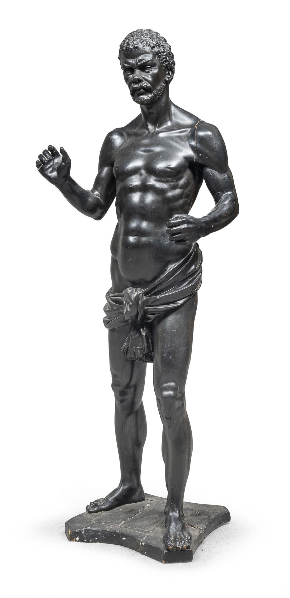 Null 罕见的黑檀木努比亚雕像，Brustolon圈，18世纪初

雕塑呈直立姿态，双臂高举，左手拿着一个球体。长方形底座，侧面凹陷。.

尺寸：174 x &hellip;