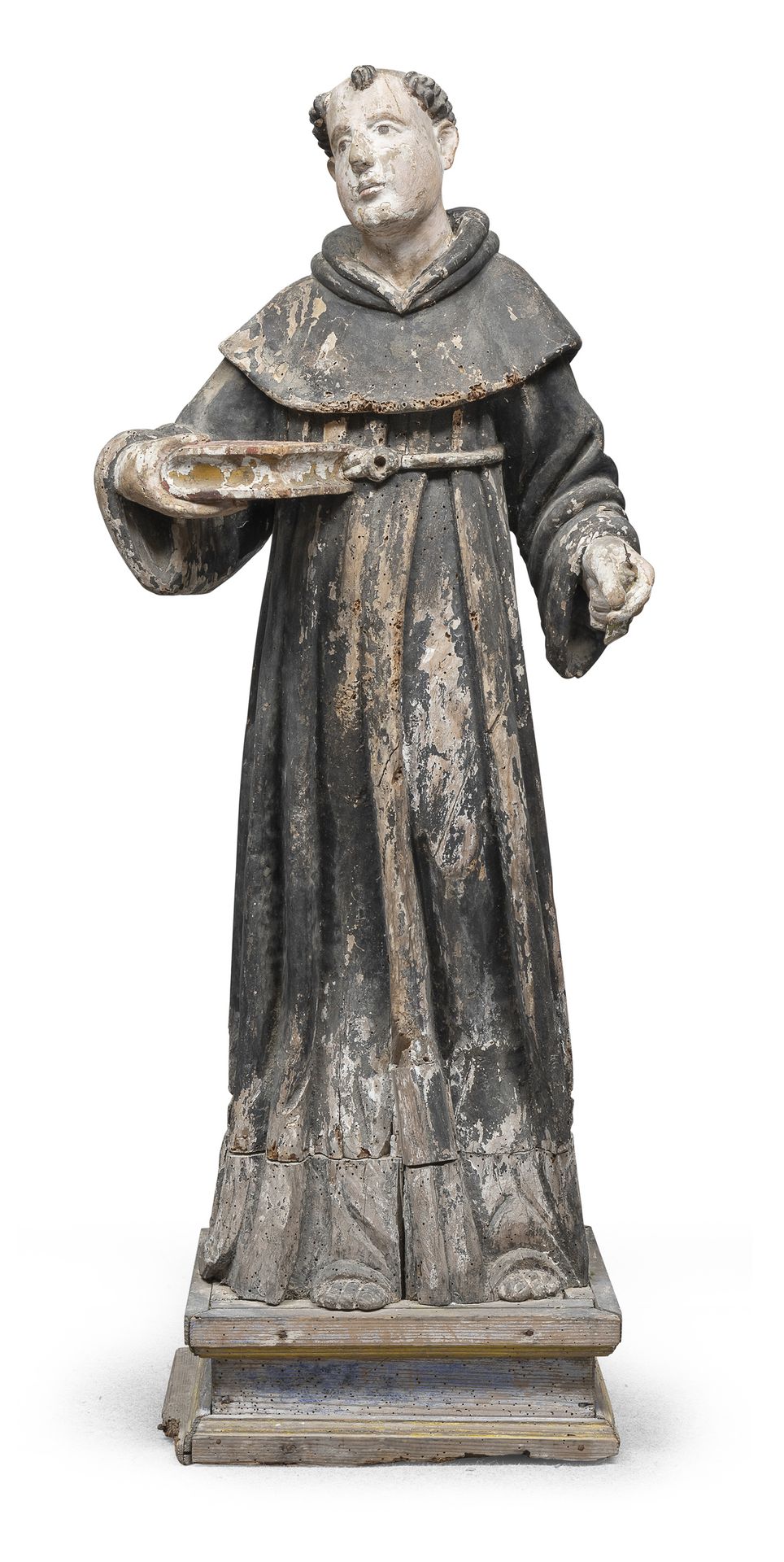 Null 圣人雕塑，意大利中部，18世纪

采用多色漆木。这幅画呈直立姿势，手里拿着书。方形底座。

尺寸为130 x 52 x 30厘米。

漆面脱落，缺陷，&hellip;