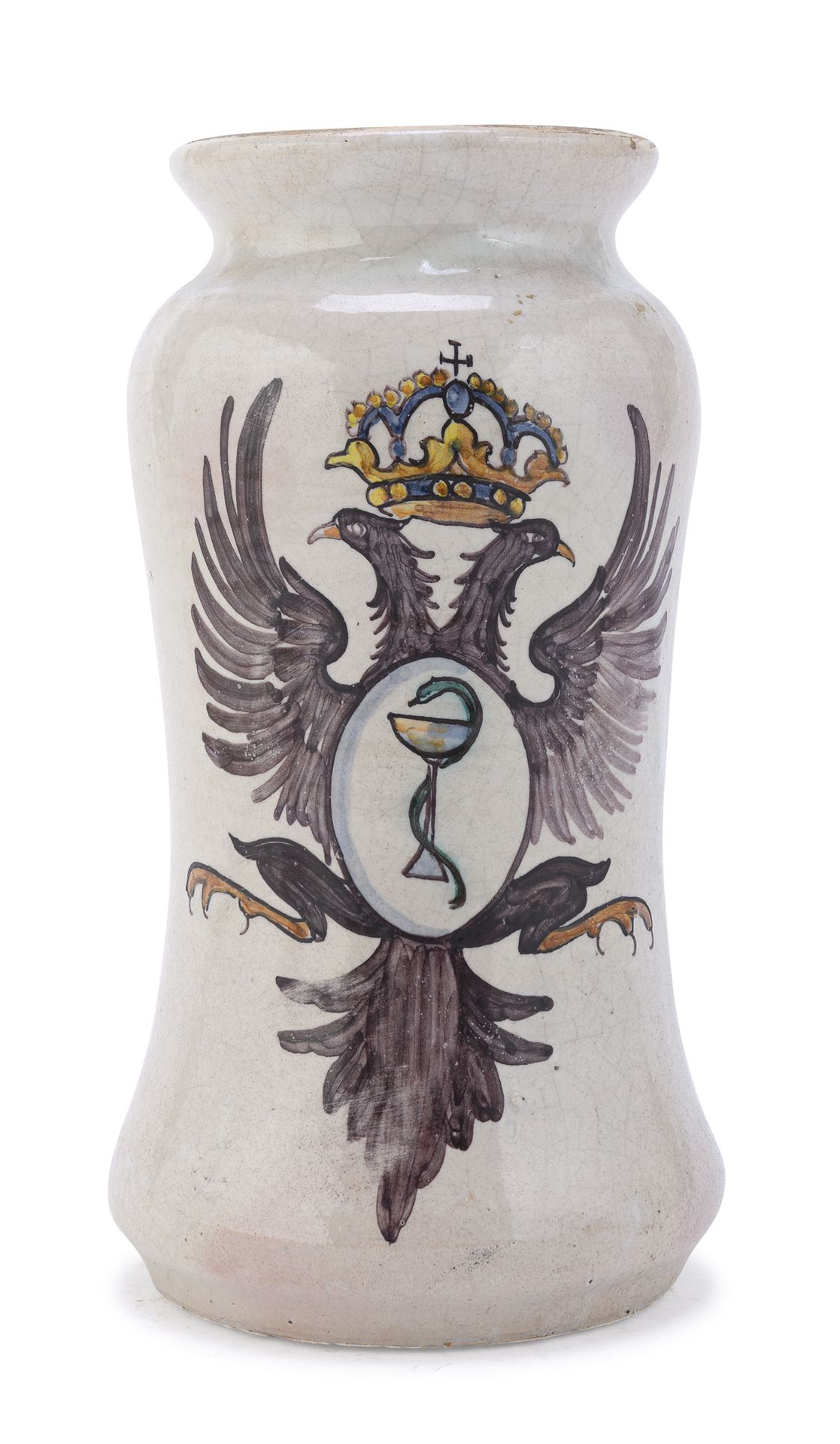Null 马约里卡-阿尔巴雷洛，意大利中部，18世纪末

米色珐琅，装饰有双冠鹰纹章。

尺寸为26 x 14厘米。

射击缺陷。