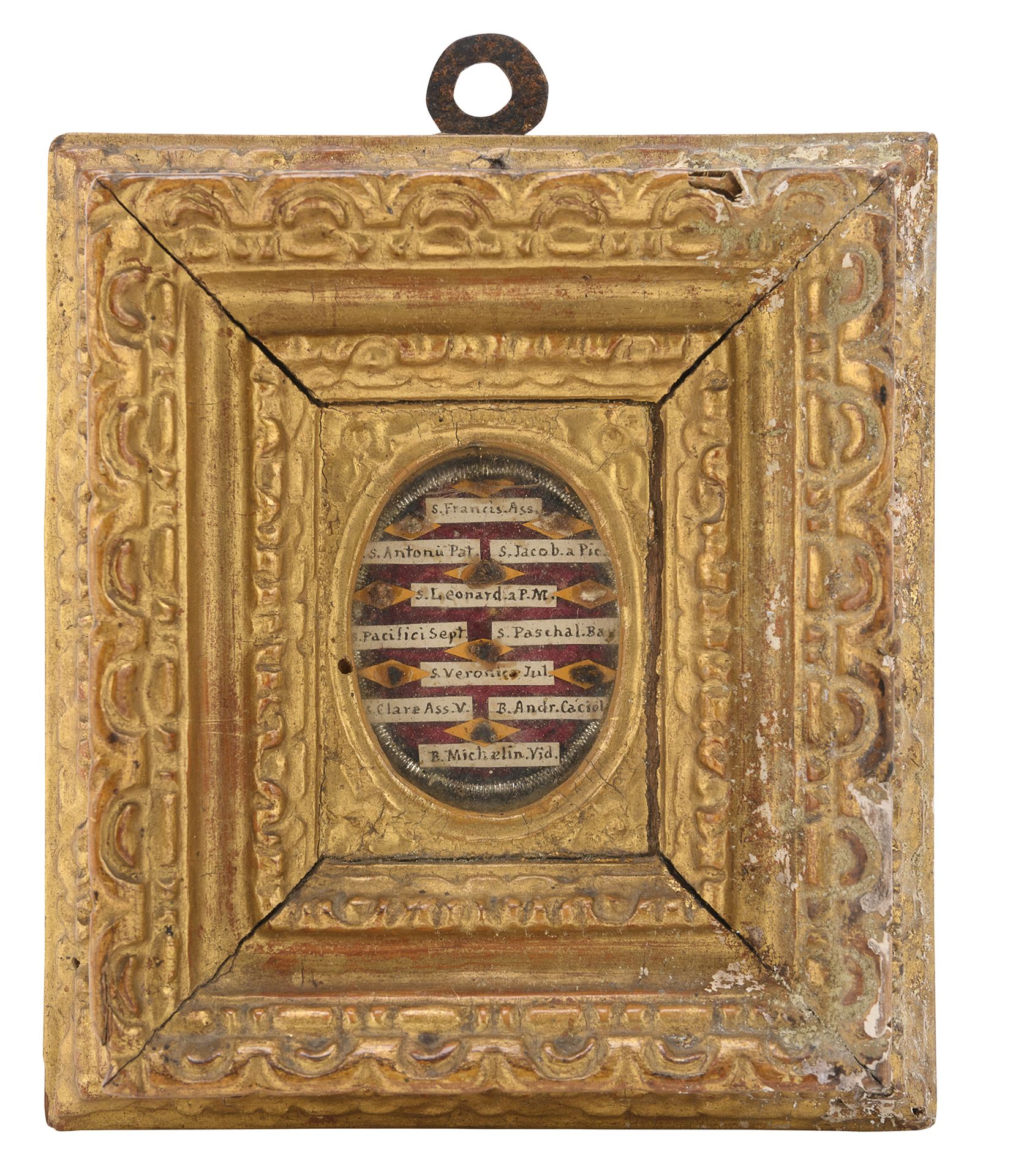 Null 遗物小集，18世纪

应用在石碑上，上面刻有圣徒的名字。装在一个当代雕刻和镀金的木框中。

整体尺寸，cm. 14 x 12.