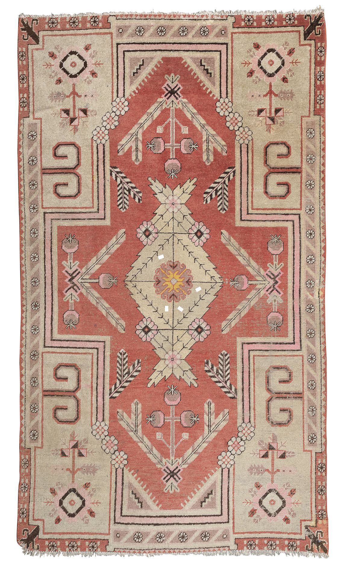Null 罕见的Samarkanda地毯，19世纪

有一个带叶子和花朵的徽章，以及叶子卷须的次要图案，在中央领域有一个橙色背景。

尺寸为300 x 150厘&hellip;